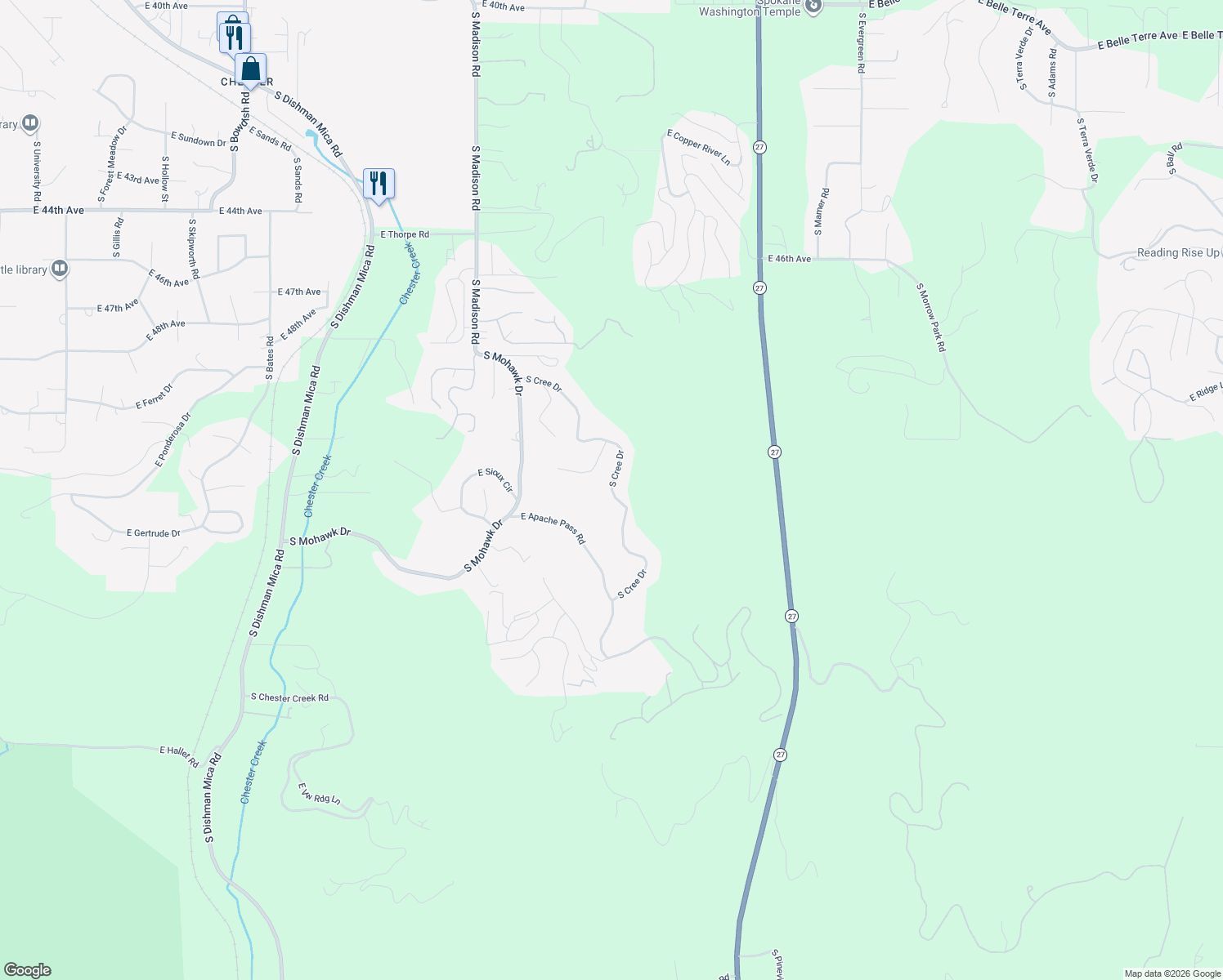 map of restaurants, bars, coffee shops, grocery stores, and more near 5409 South Cree Drive in Spokane