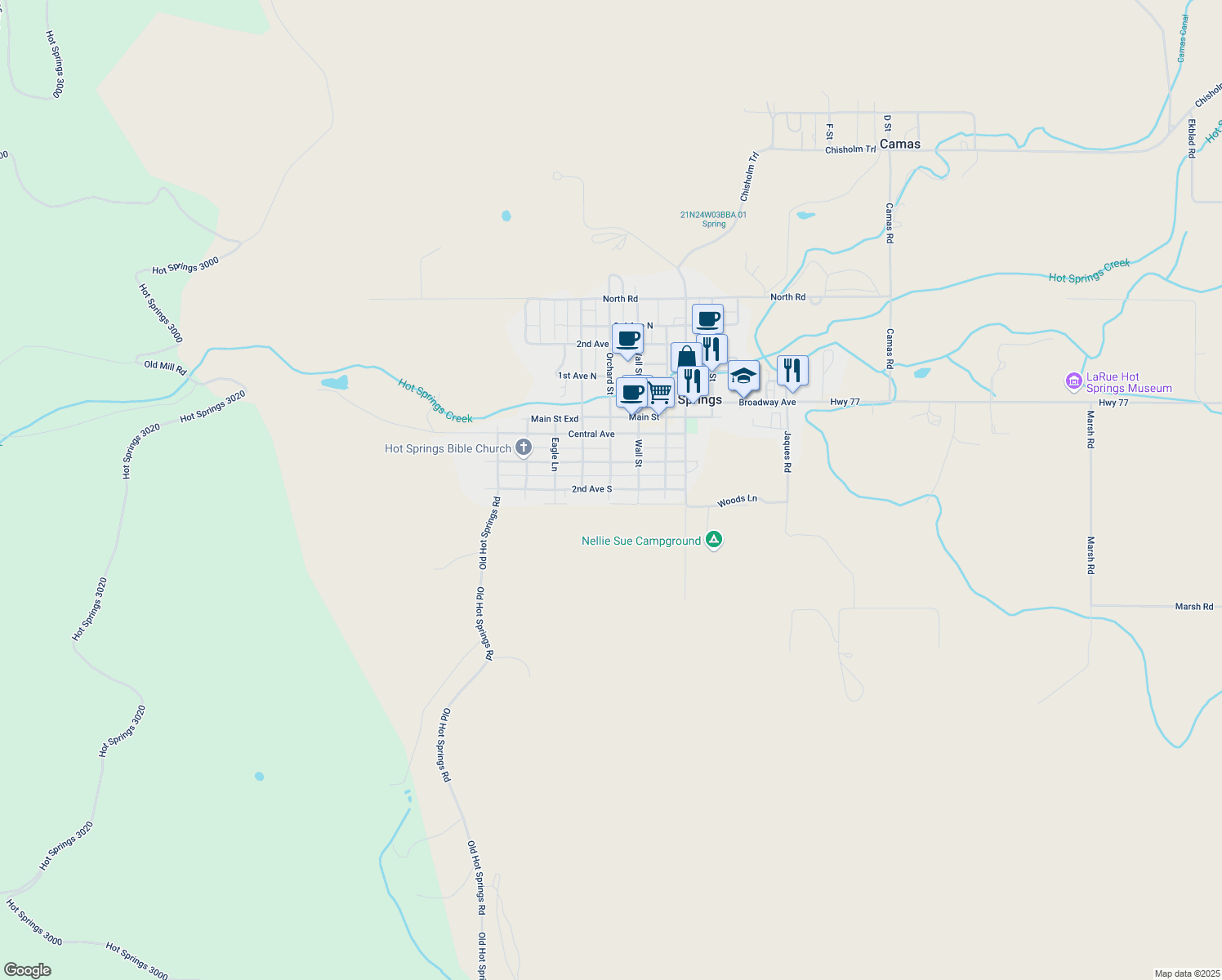 map of restaurants, bars, coffee shops, grocery stores, and more near 399 2nd Ave S in Hot Springs