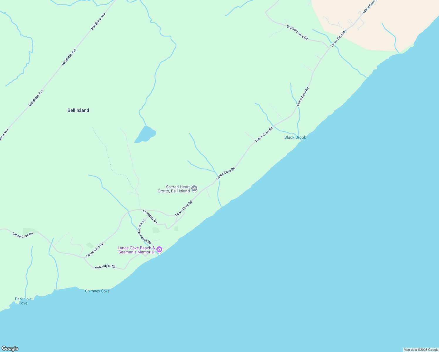 map of restaurants, bars, coffee shops, grocery stores, and more near Lance Cove Road in Bell Island