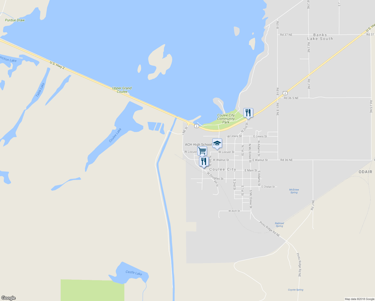 map of restaurants, bars, coffee shops, grocery stores, and more near 716 West Locust Street in Coulee City