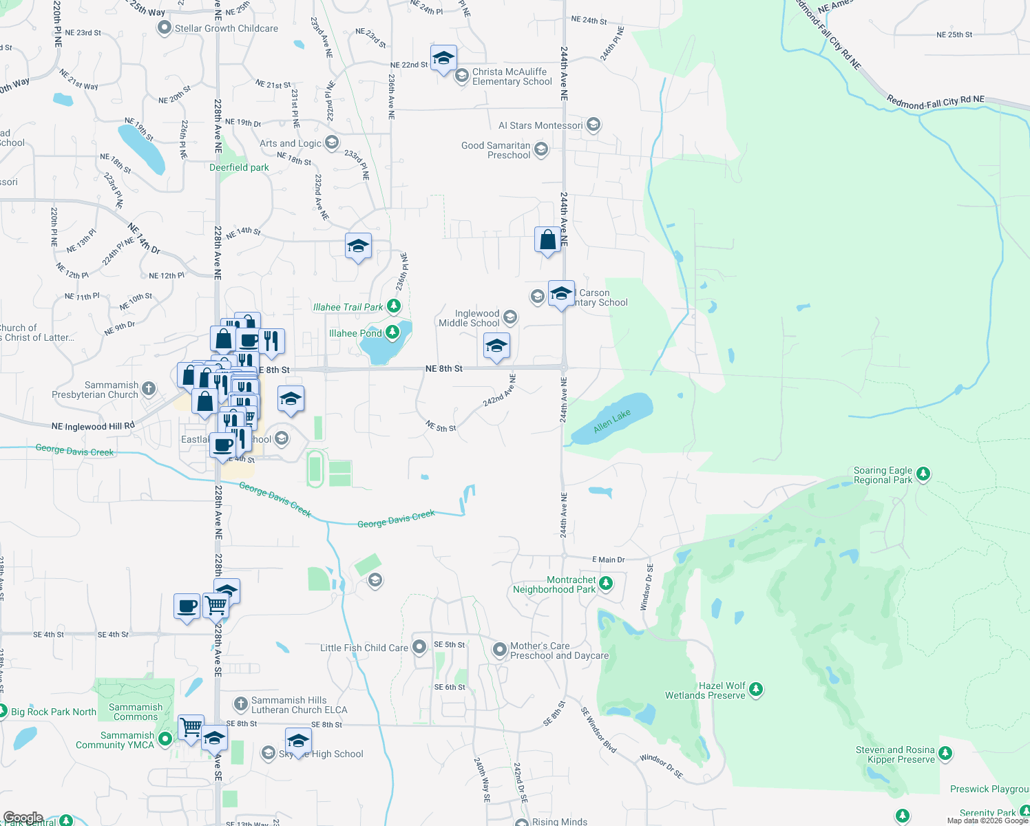 map of restaurants, bars, coffee shops, grocery stores, and more near 24243 Northeast 5th Place in Sammamish
