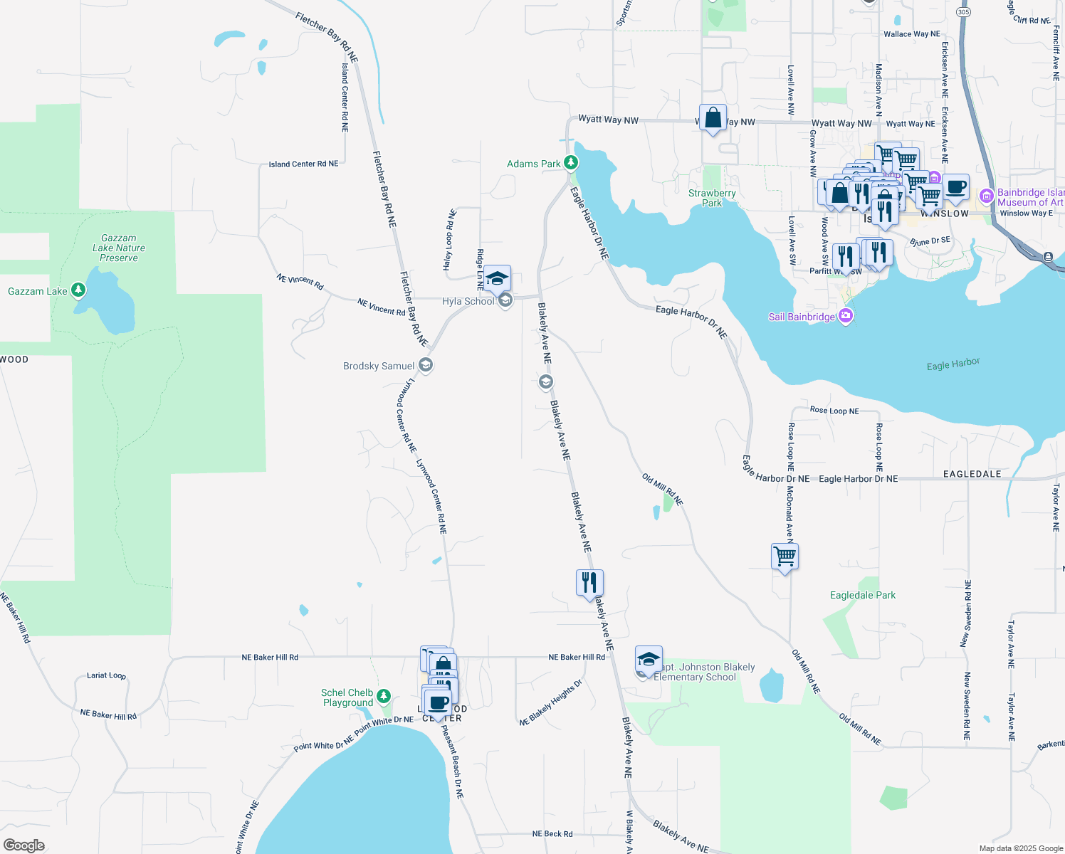 map of restaurants, bars, coffee shops, grocery stores, and more near 5745 Blakely Avenue Northeast in Bainbridge Island