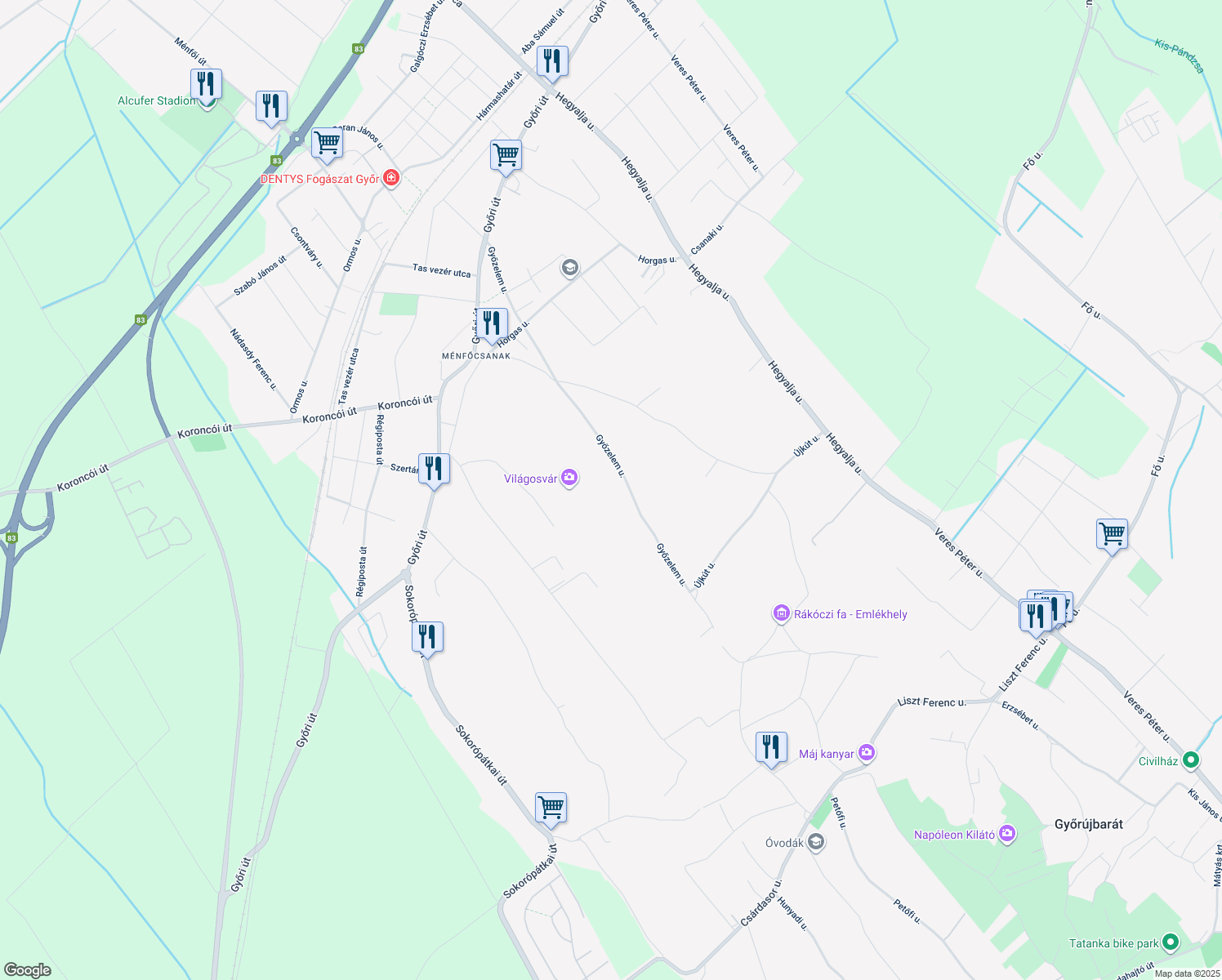 map of restaurants, bars, coffee shops, grocery stores, and more near in Győr