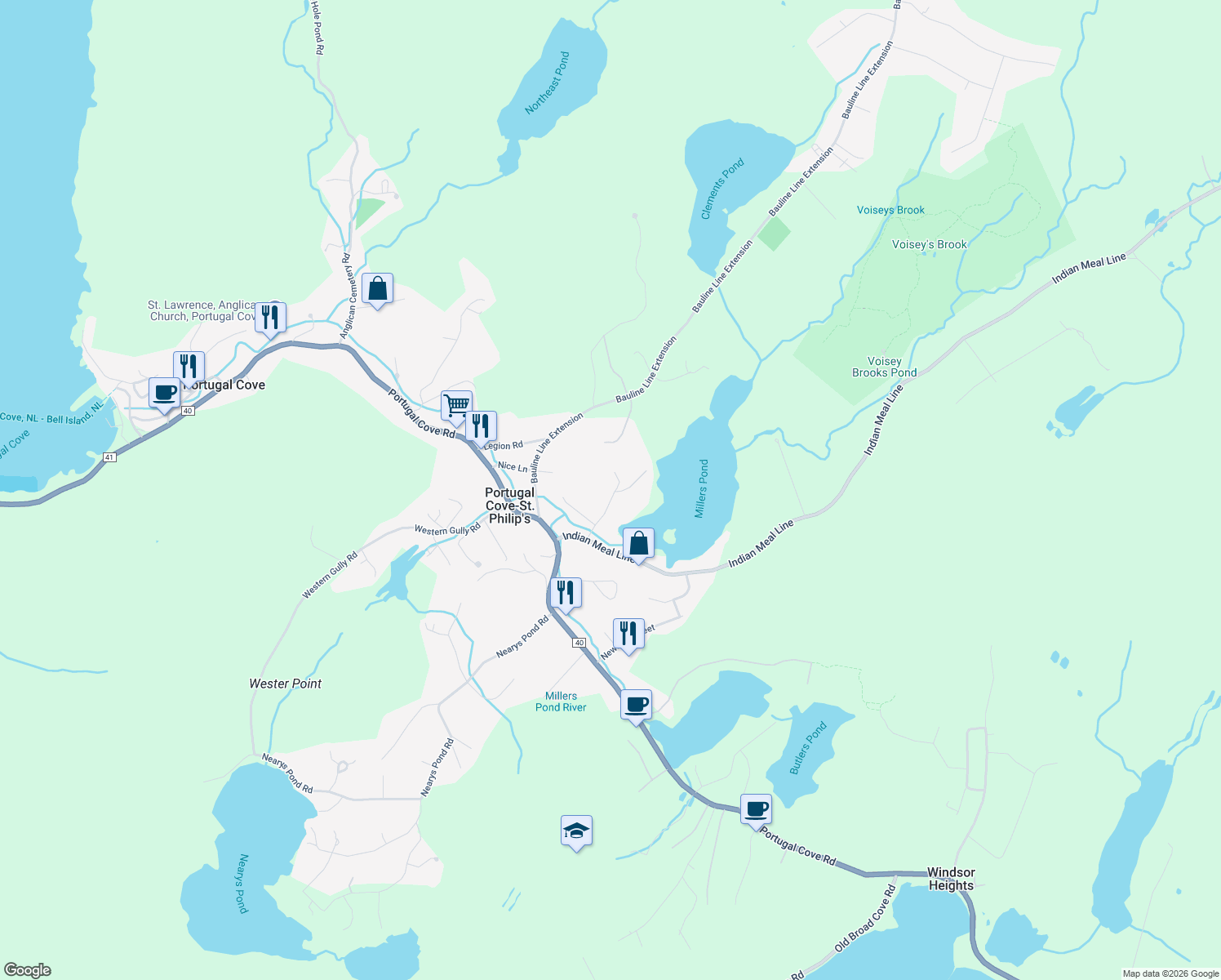 map of restaurants, bars, coffee shops, grocery stores, and more near 21 Millers Road in Portugal Cove-St. Philip's