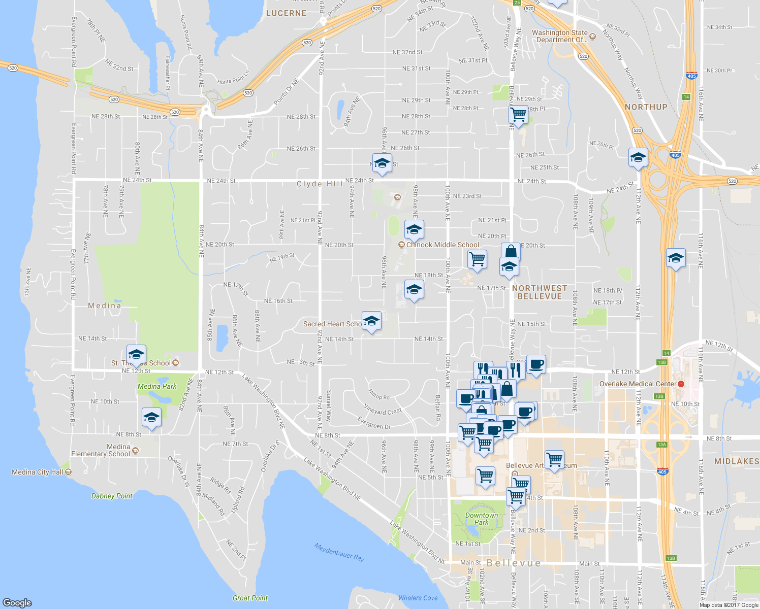 map of restaurants, bars, coffee shops, grocery stores, and more near 9441 Northeast 16th Street in Clyde Hill
