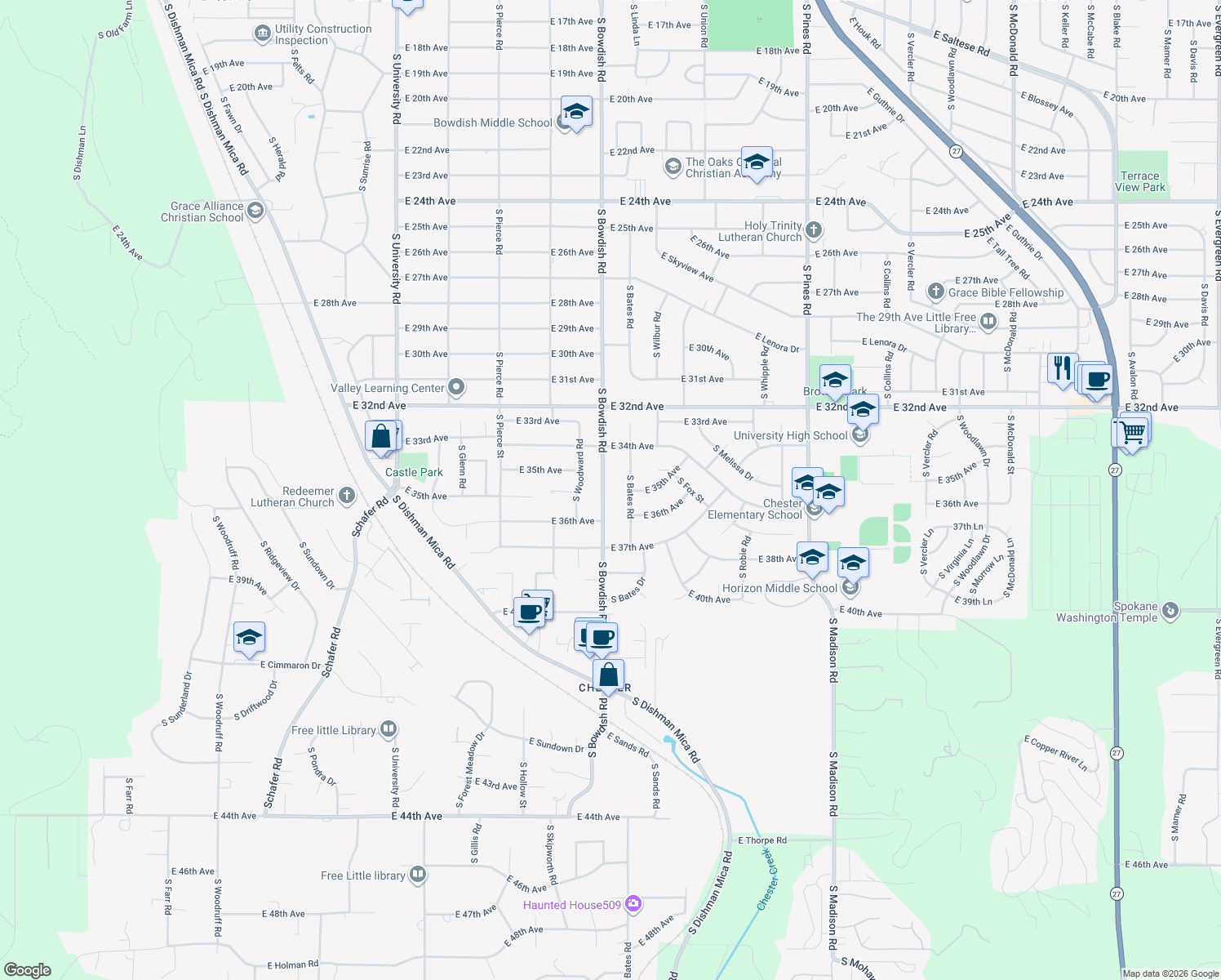 map of restaurants, bars, coffee shops, grocery stores, and more near 3515 South Bowdish Road in Spokane Valley
