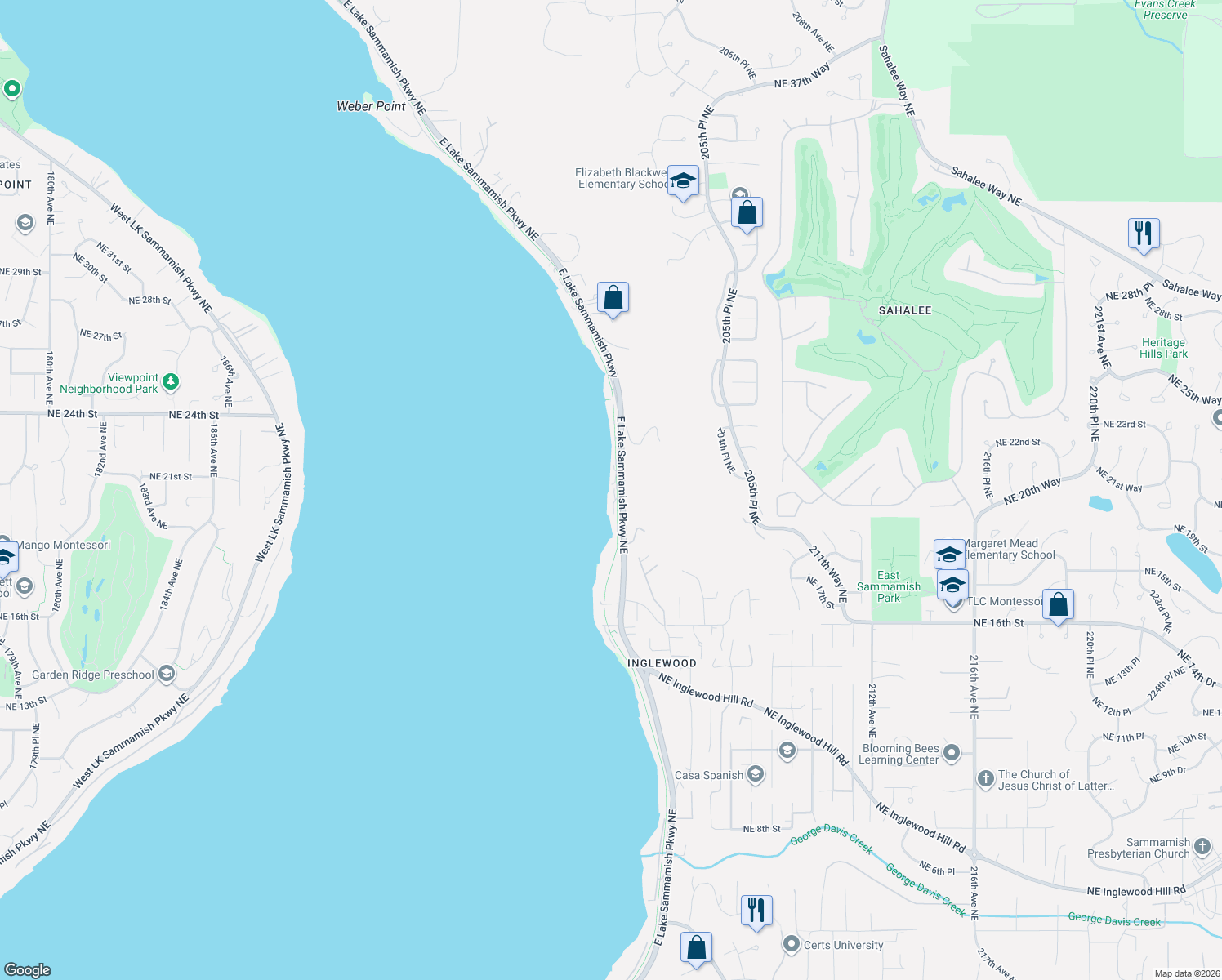 map of restaurants, bars, coffee shops, grocery stores, and more near 2033 East Lake Sammamish Parkway Northeast in Sammamish