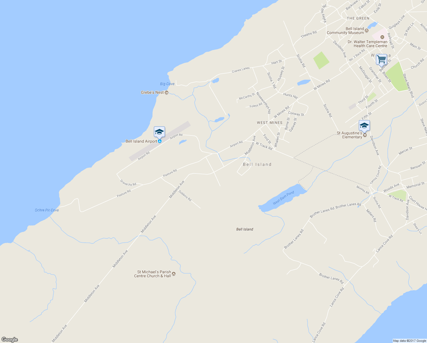 map of restaurants, bars, coffee shops, grocery stores, and more near 5 McDonald Road in Bell Island