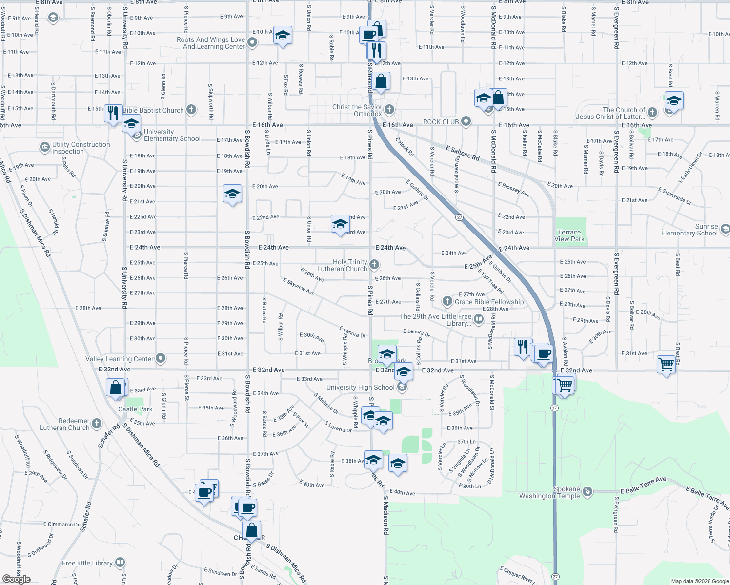 map of restaurants, bars, coffee shops, grocery stores, and more near 2620 South Pines Road in Spokane Valley