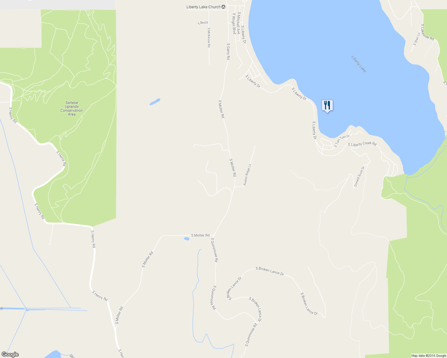 map of restaurants, bars, coffee shops, grocery stores, and more near 2610 South Andres Lane in Liberty Lake
