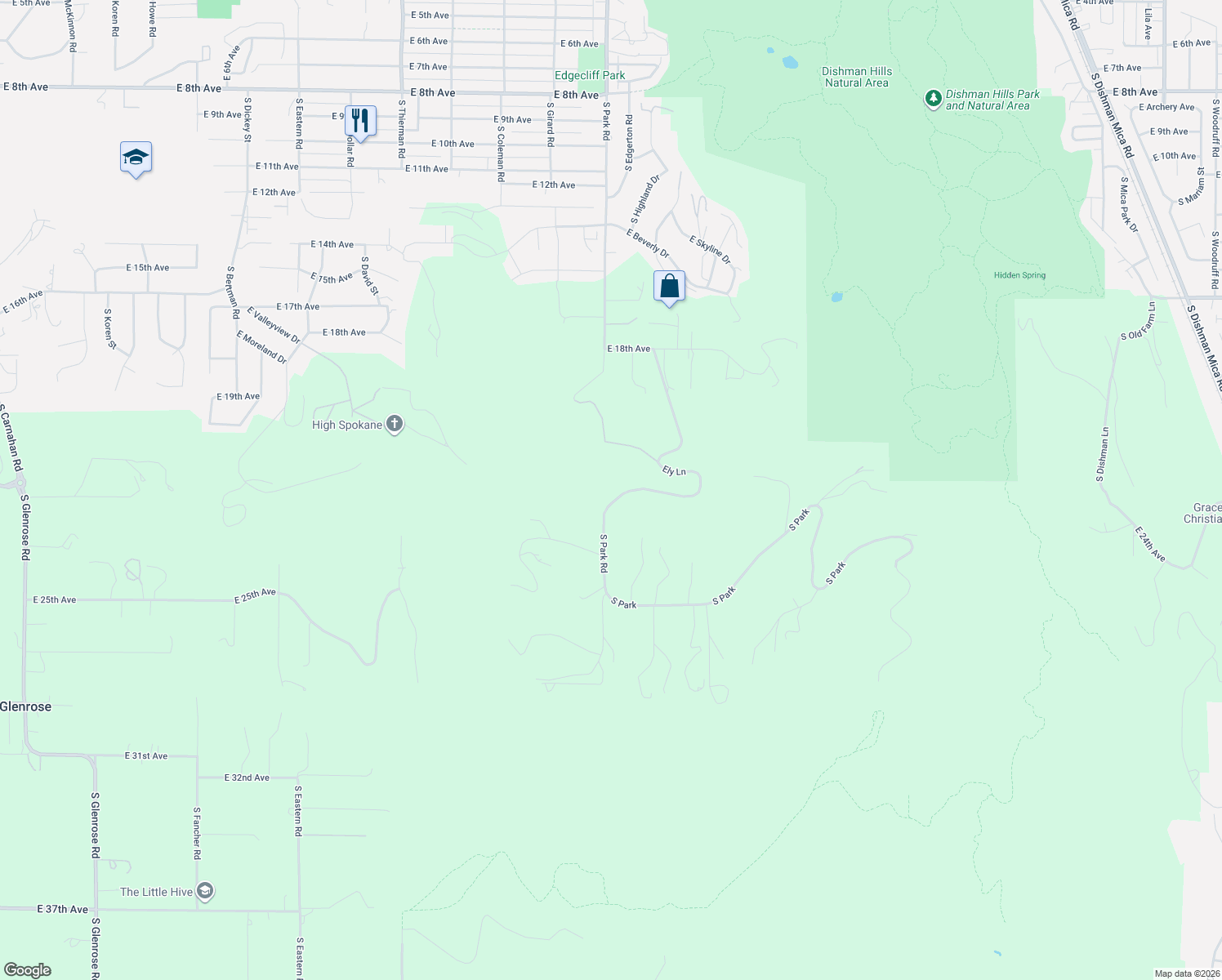 map of restaurants, bars, coffee shops, grocery stores, and more near 2324 South Park Road in Spokane