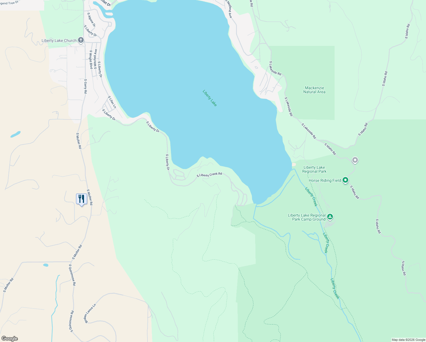 map of restaurants, bars, coffee shops, grocery stores, and more near 24601 East Liberty Creek Road in Liberty Lake