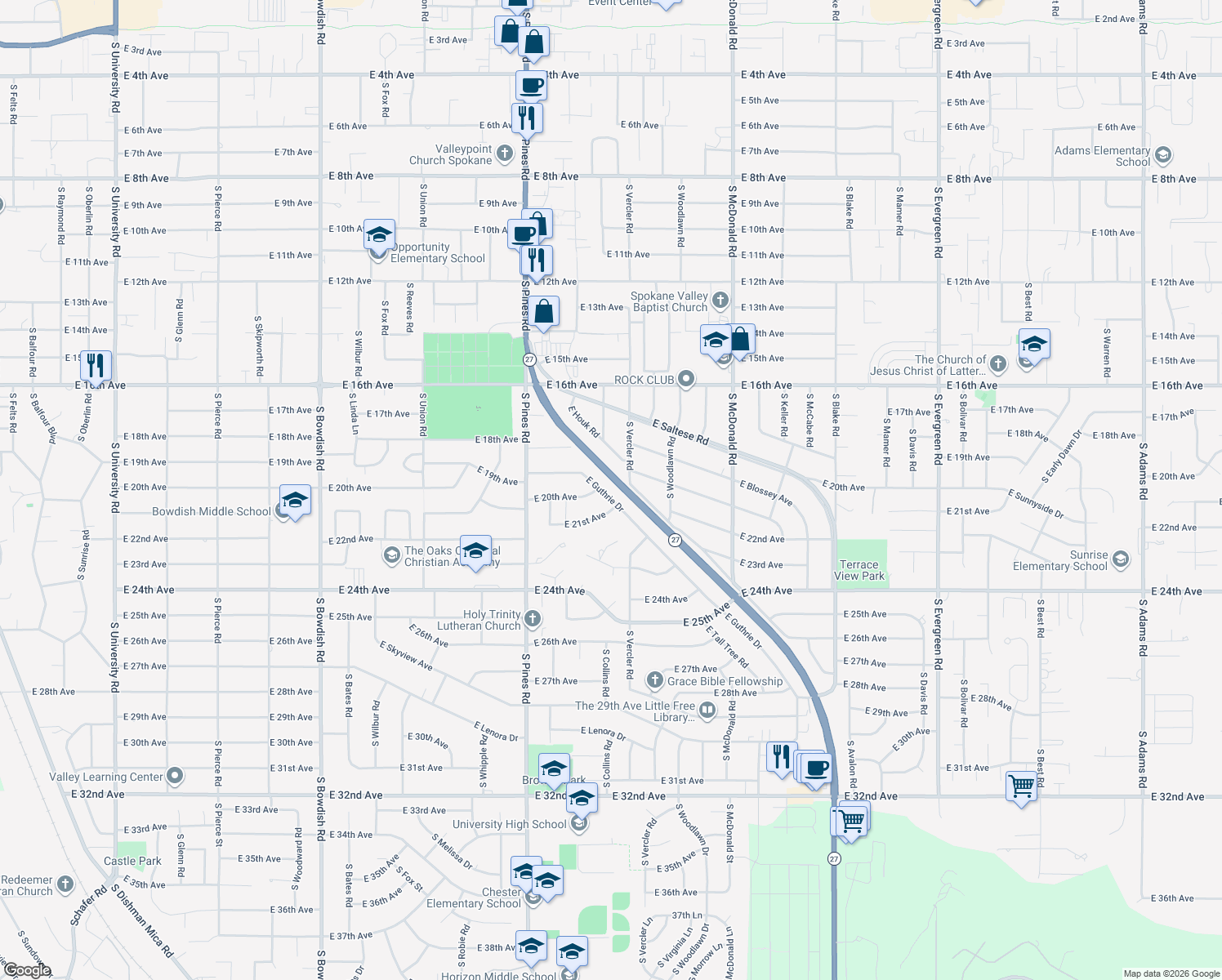 map of restaurants, bars, coffee shops, grocery stores, and more near 12607 East Guthrie Drive in Spokane Valley