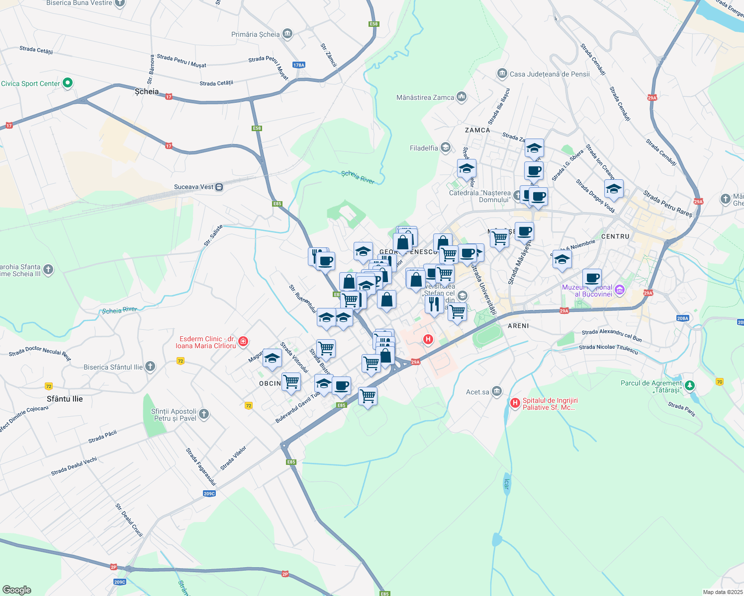 map of restaurants, bars, coffee shops, grocery stores, and more near 23 Bulevardul George Enescu in Suceava