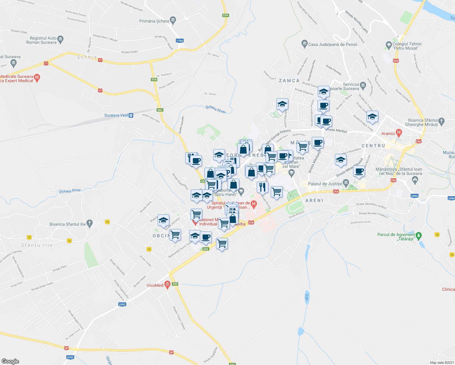 map of restaurants, bars, coffee shops, grocery stores, and more near 23 Bulevardul George Enescu in Suceava
