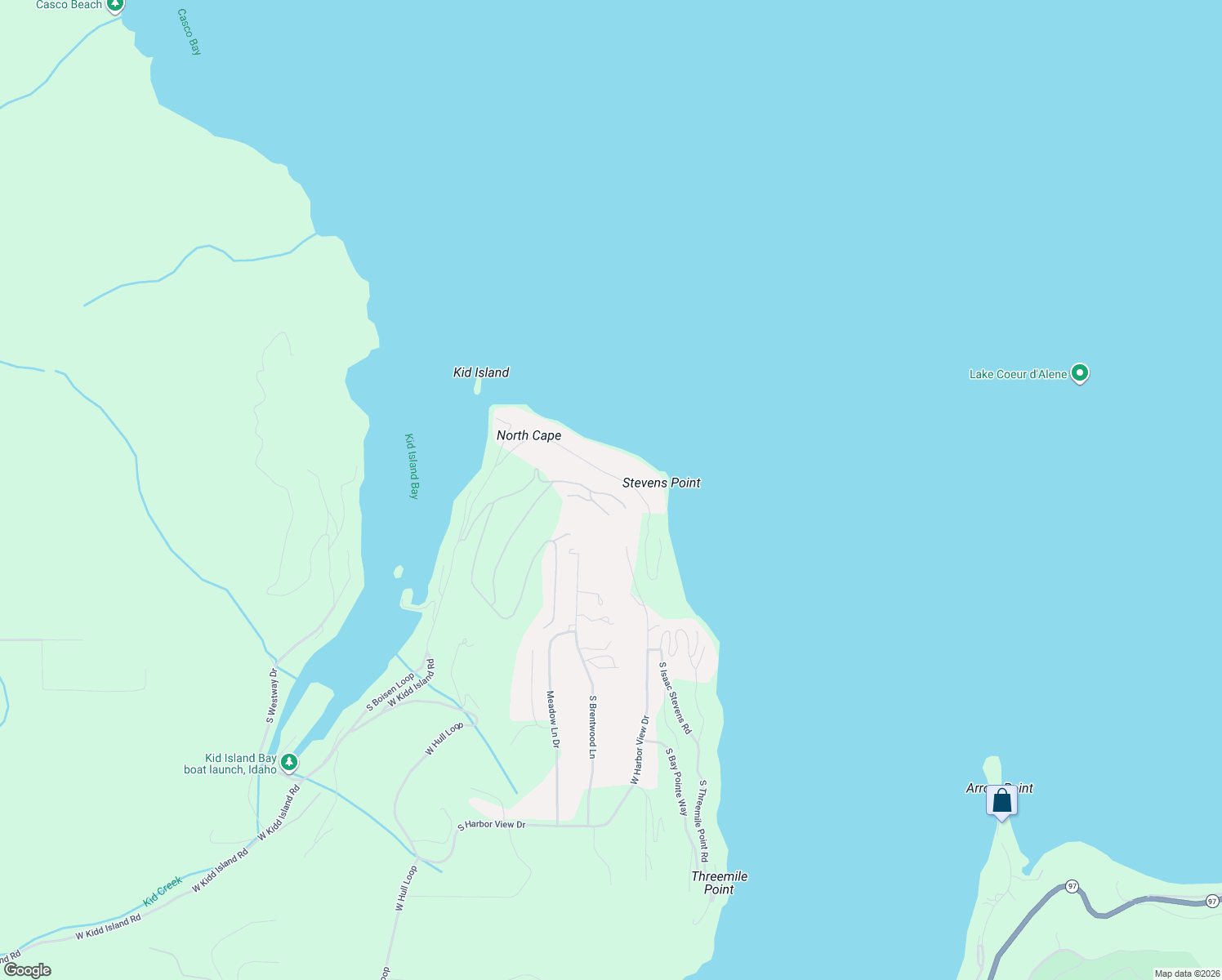 map of restaurants, bars, coffee shops, grocery stores, and more near 3694 South North Cape Road in Coeur d'Alene