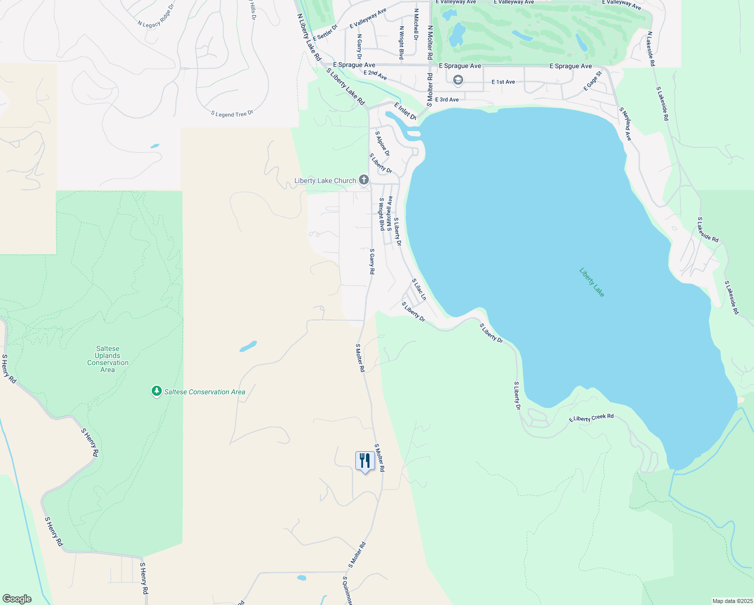 map of restaurants, bars, coffee shops, grocery stores, and more near 1425 South Garry Road in Liberty Lake