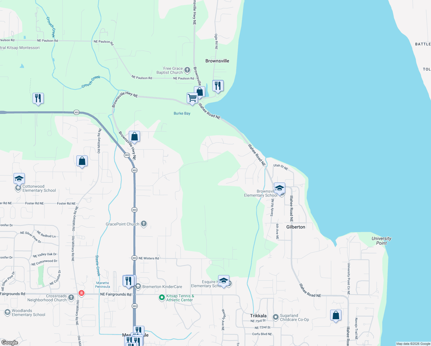 map of restaurants, bars, coffee shops, grocery stores, and more near 2633 Northeast Strand Road in Bremerton