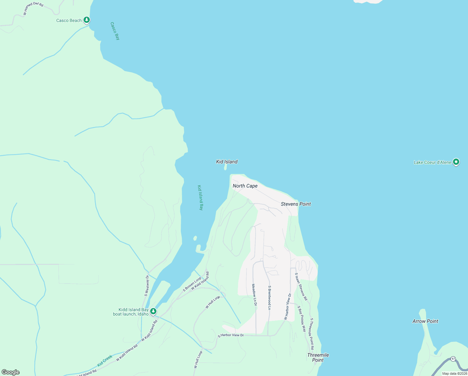 map of restaurants, bars, coffee shops, grocery stores, and more near 3337 South Lands End Road in Coeur d'Alene