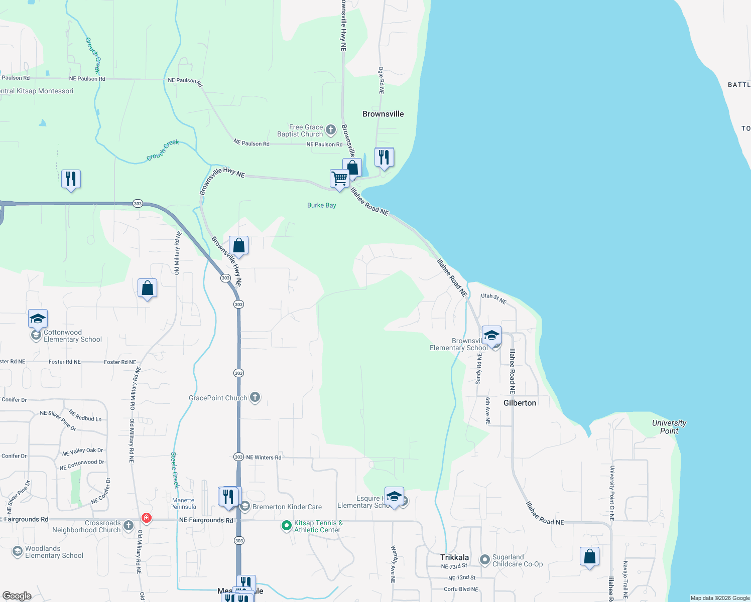 map of restaurants, bars, coffee shops, grocery stores, and more near 2633 Northeast Strand Road in Bremerton