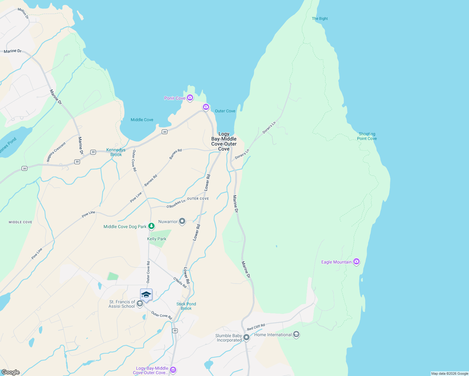 map of restaurants, bars, coffee shops, grocery stores, and more near 616 Marine Drive in Spaniard's Bay