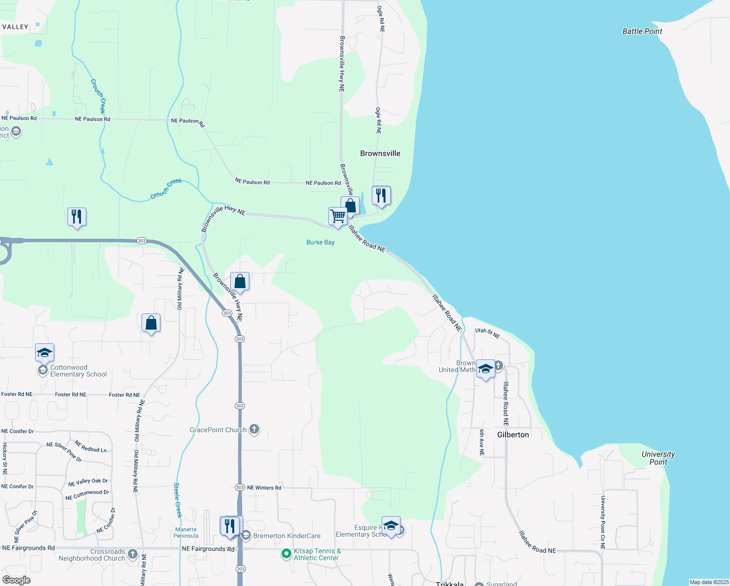 map of restaurants, bars, coffee shops, grocery stores, and more near 2564 Northeast William E Sutton Road in Bremerton