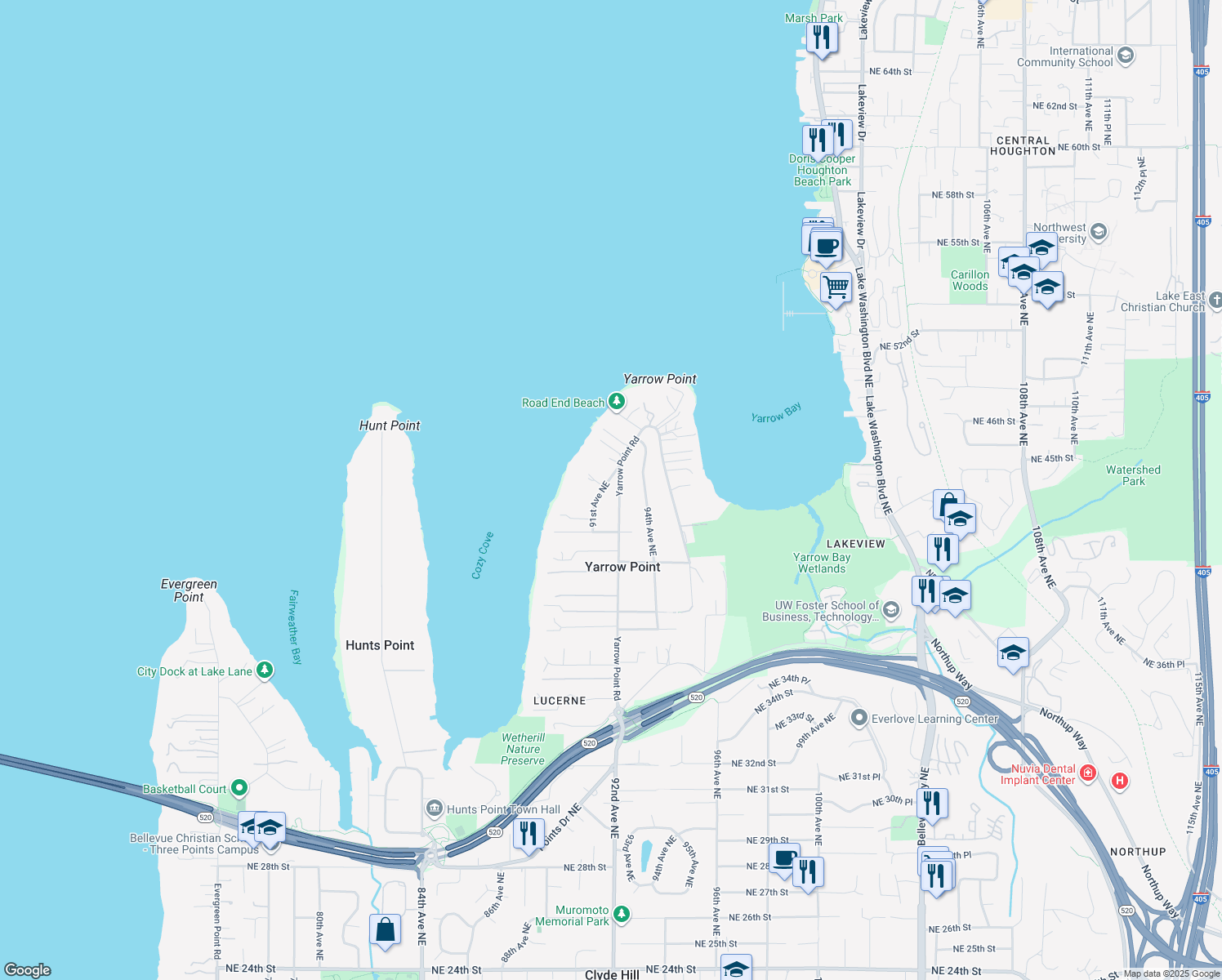 map of restaurants, bars, coffee shops, grocery stores, and more near 4315 92nd Avenue Northeast in Yarrow Point