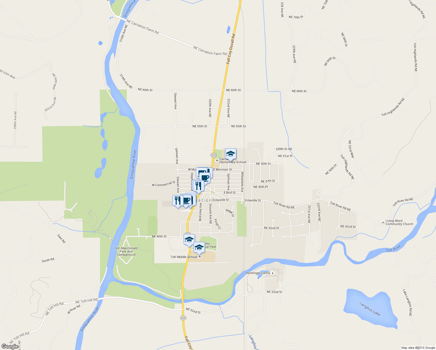 map of restaurants, bars, coffee shops, grocery stores, and more near 32022 East Rutherford Street in Carnation