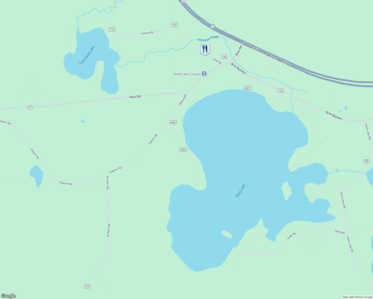 map of restaurants, bars, coffee shops, grocery stores, and more near 7368 Birch Point Road in Britt