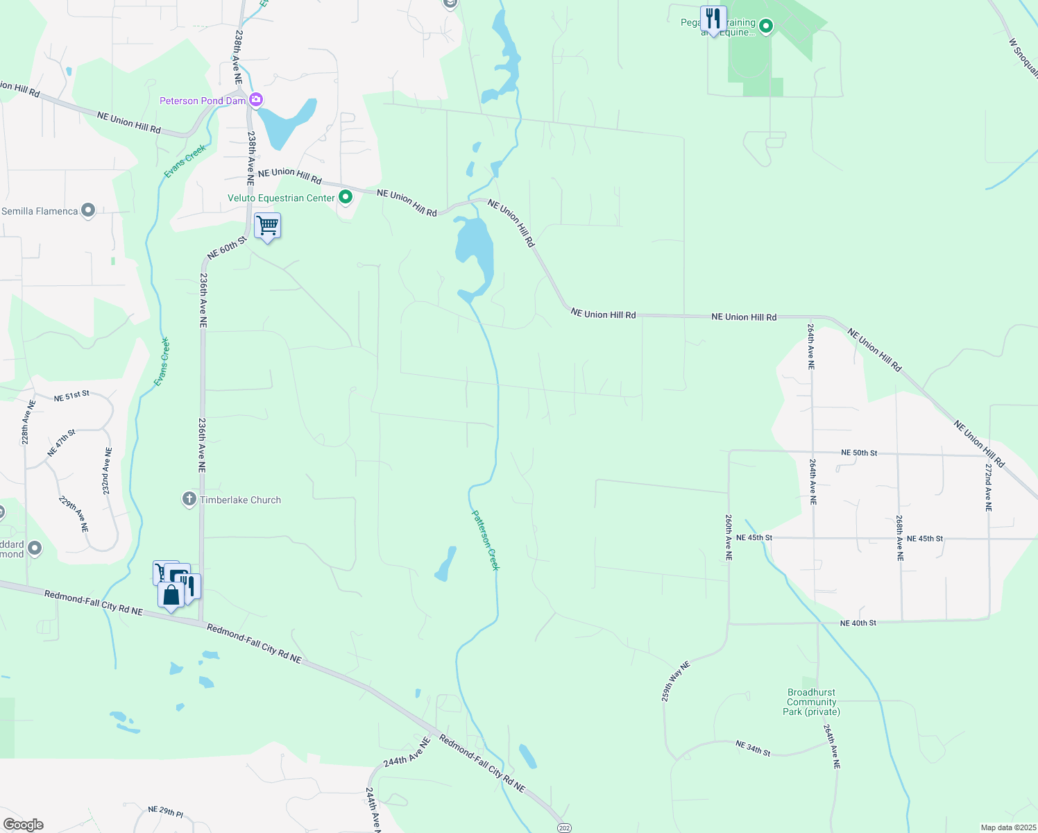 map of restaurants, bars, coffee shops, grocery stores, and more near 25025 Northeast 52nd Place in Redmond