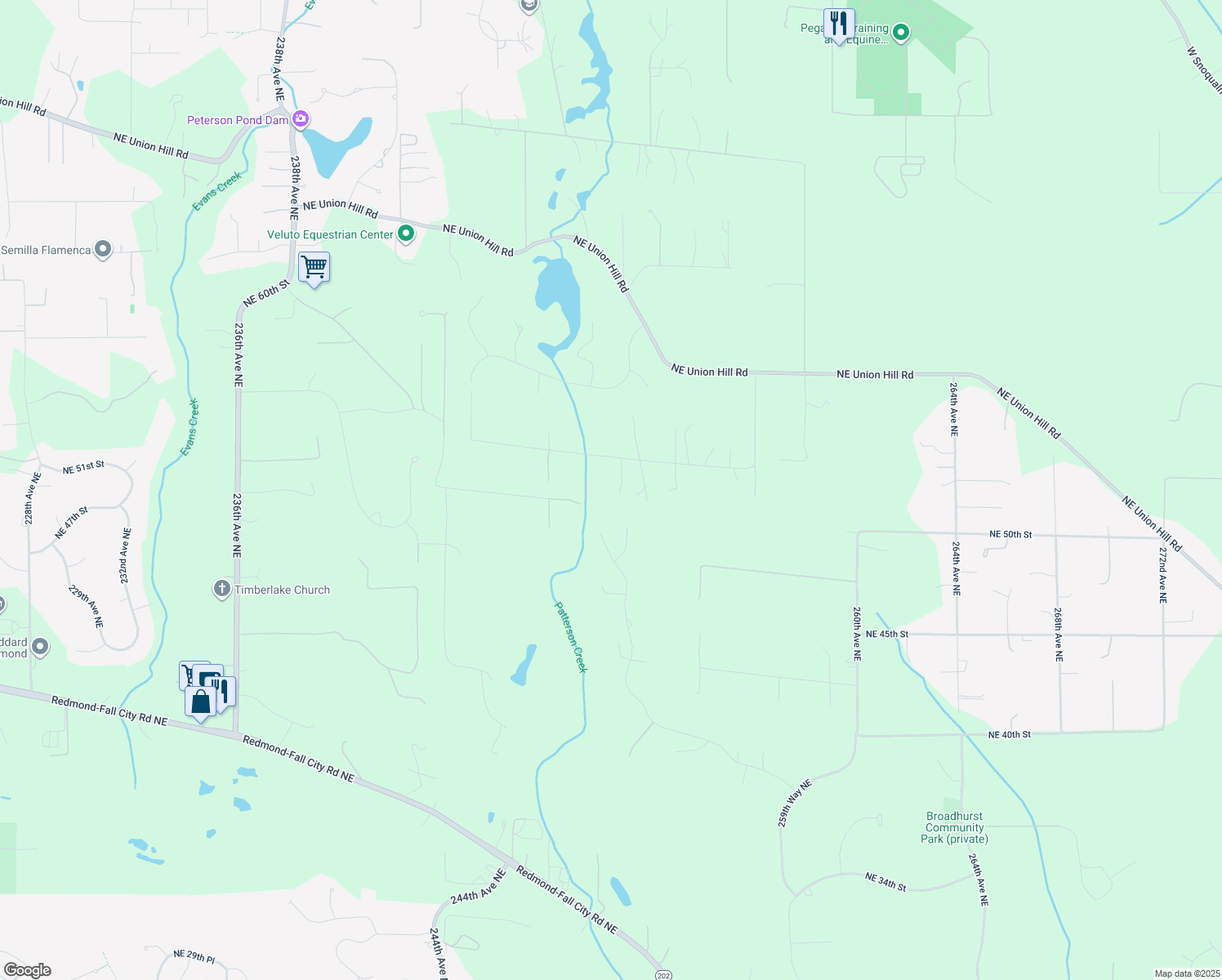 map of restaurants, bars, coffee shops, grocery stores, and more near 25025 Northeast 52nd Place in Redmond
