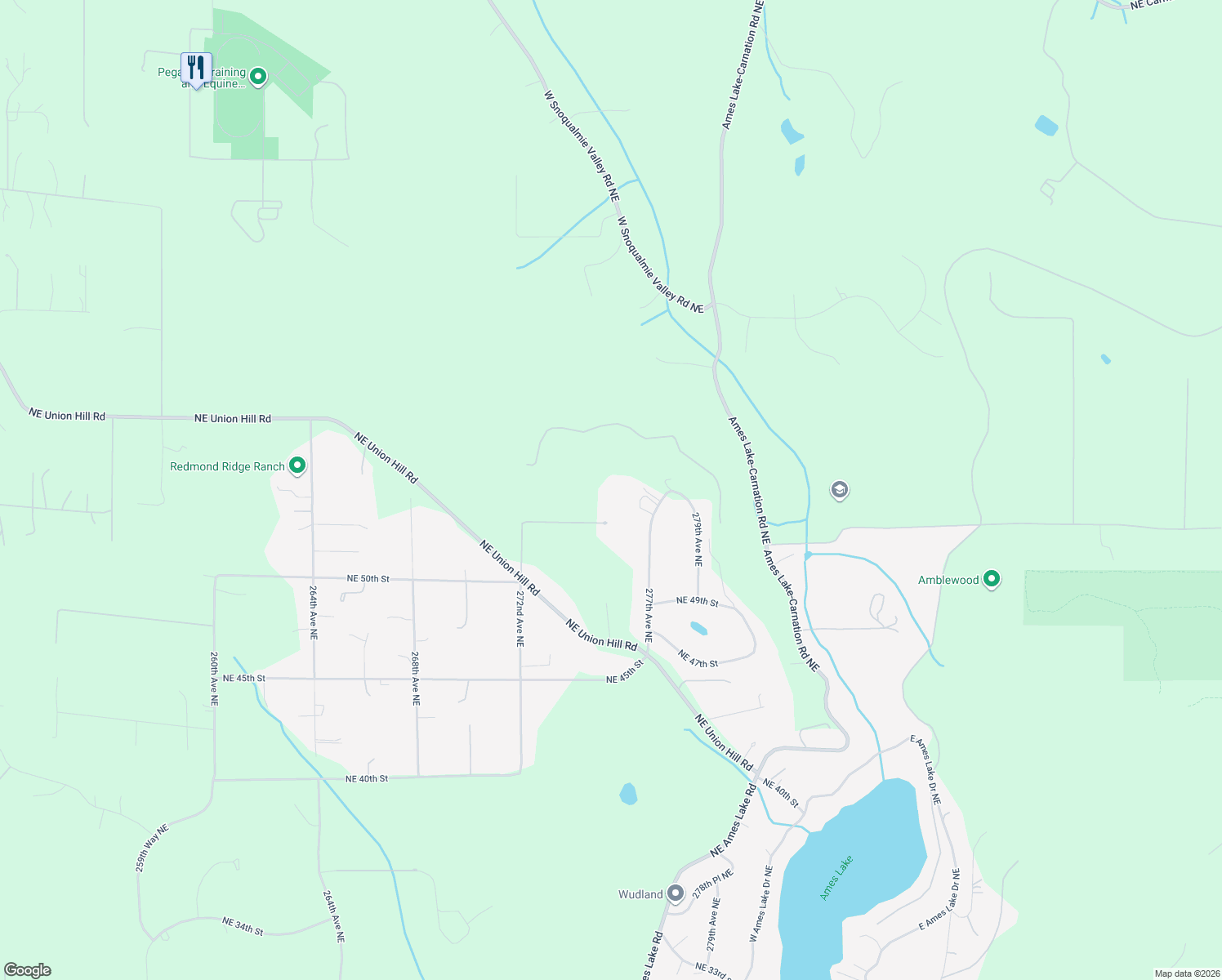 map of restaurants, bars, coffee shops, grocery stores, and more near 27522 Northeast 53rd Street in Redmond