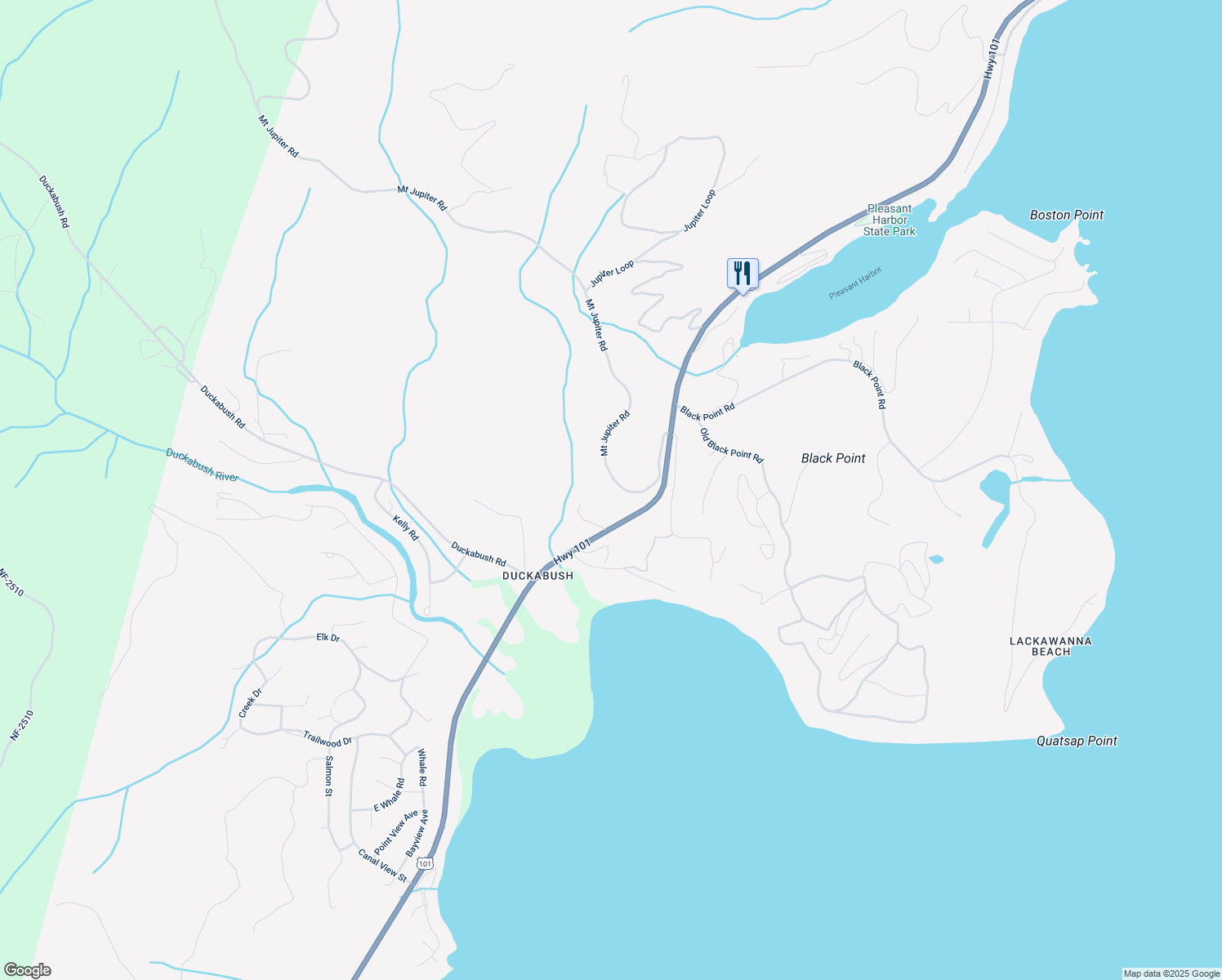 map of restaurants, bars, coffee shops, grocery stores, and more near 201 Mount Jupiter Road in Brinnon