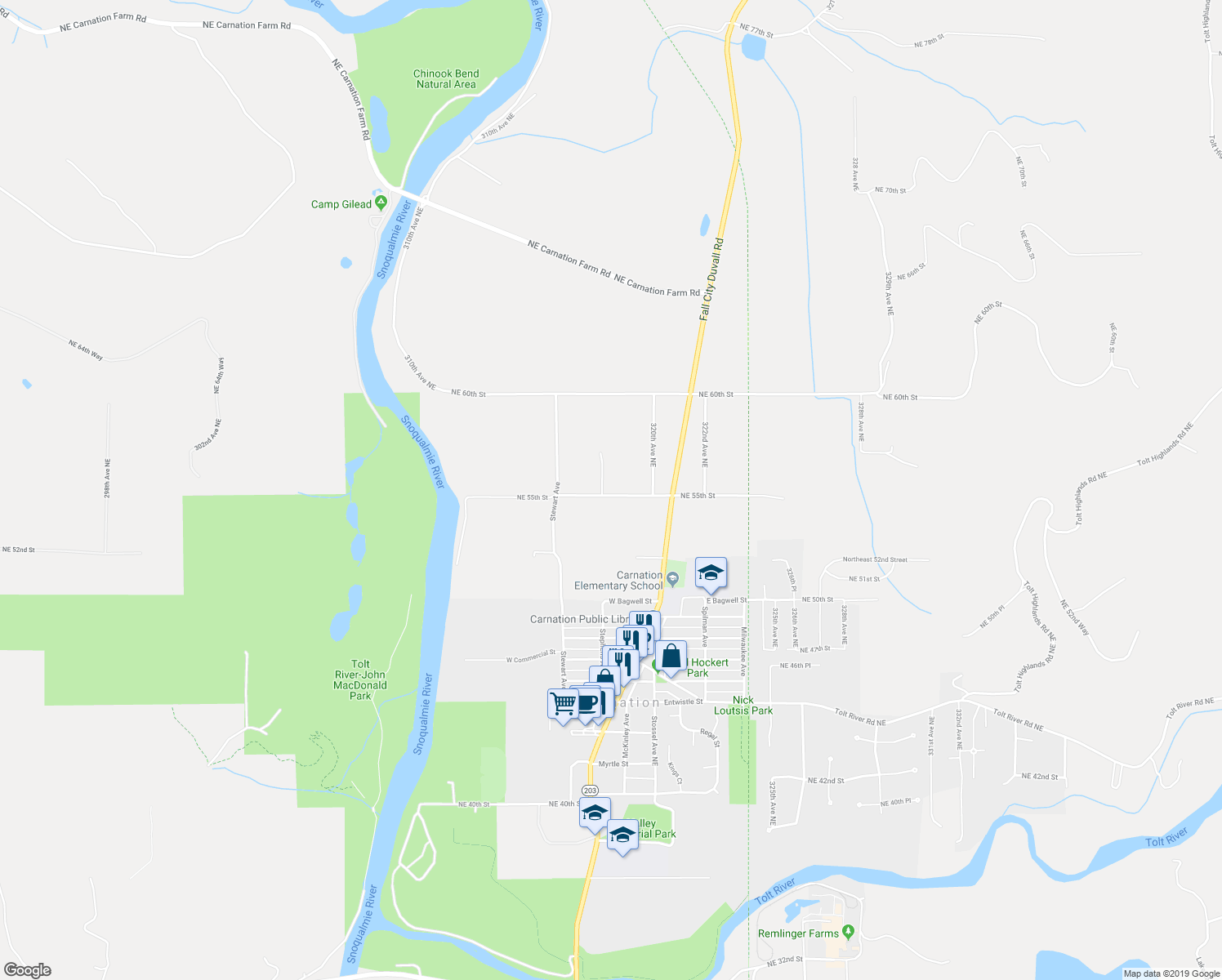 map of restaurants, bars, coffee shops, grocery stores, and more near 5504 318th Avenue Northeast in Carnation