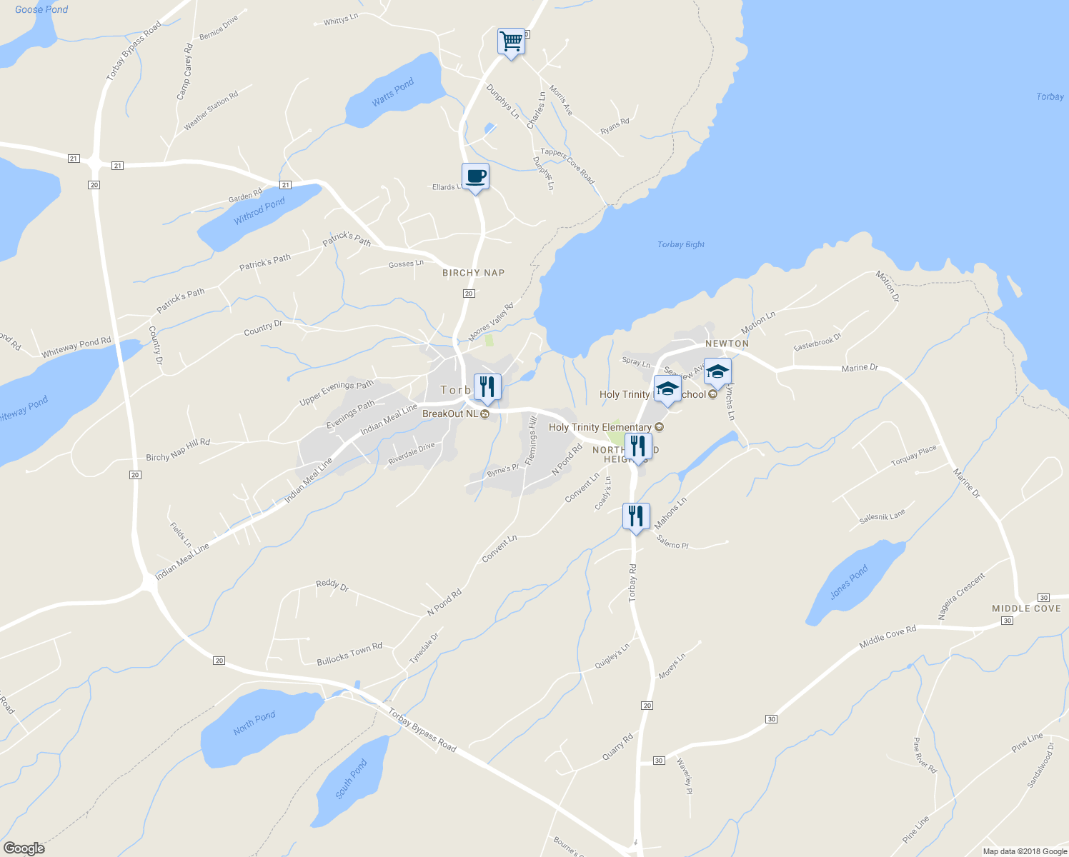 map of restaurants, bars, coffee shops, grocery stores, and more near 9 Flemings Hill in Torbay