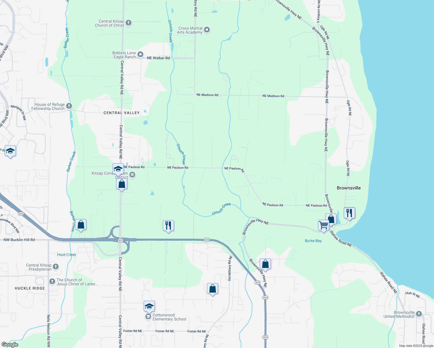 map of restaurants, bars, coffee shops, grocery stores, and more near 1085 Northeast Paulson Road in Poulsbo