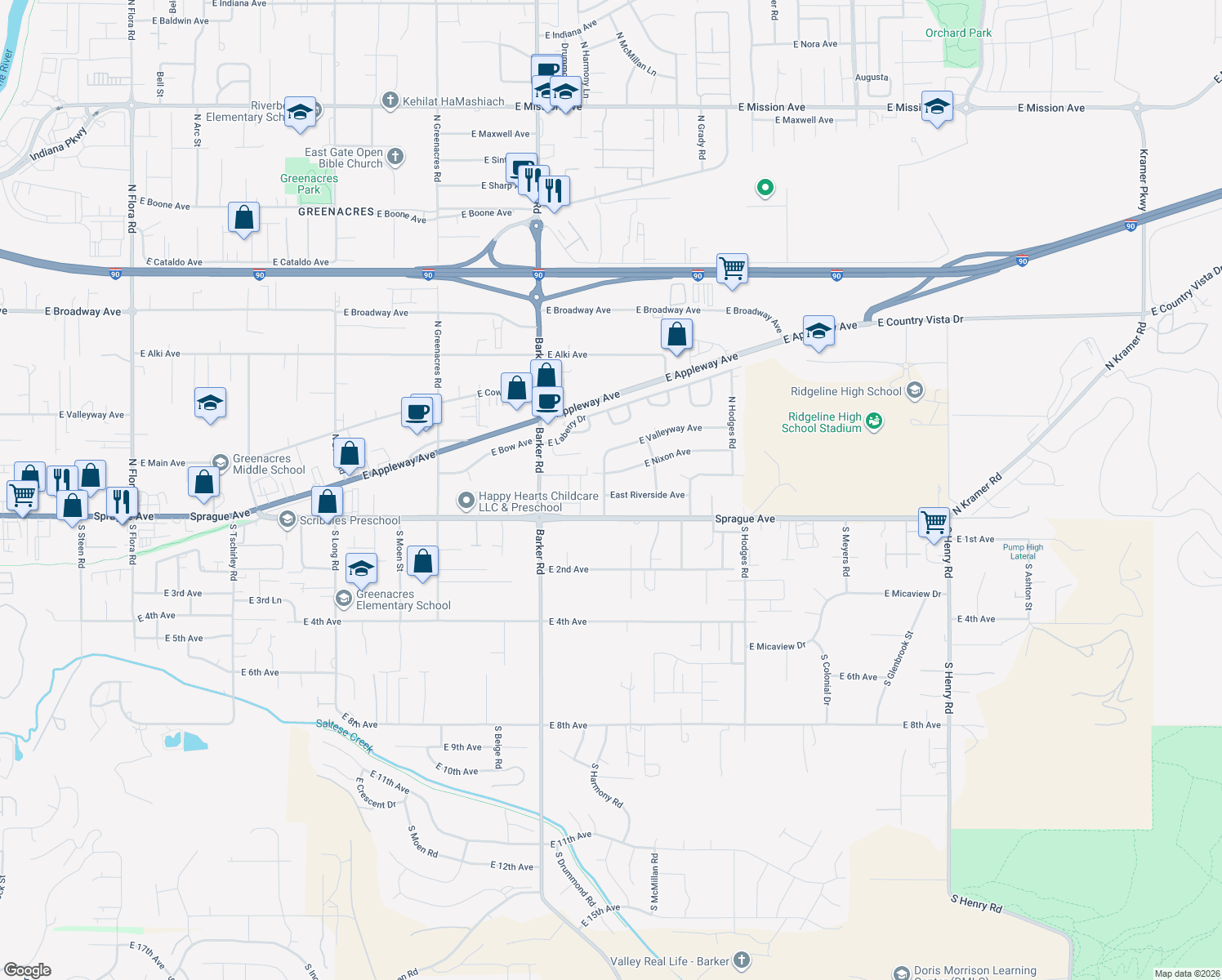 map of restaurants, bars, coffee shops, grocery stores, and more near 104 North Harmony Road in Spokane Valley