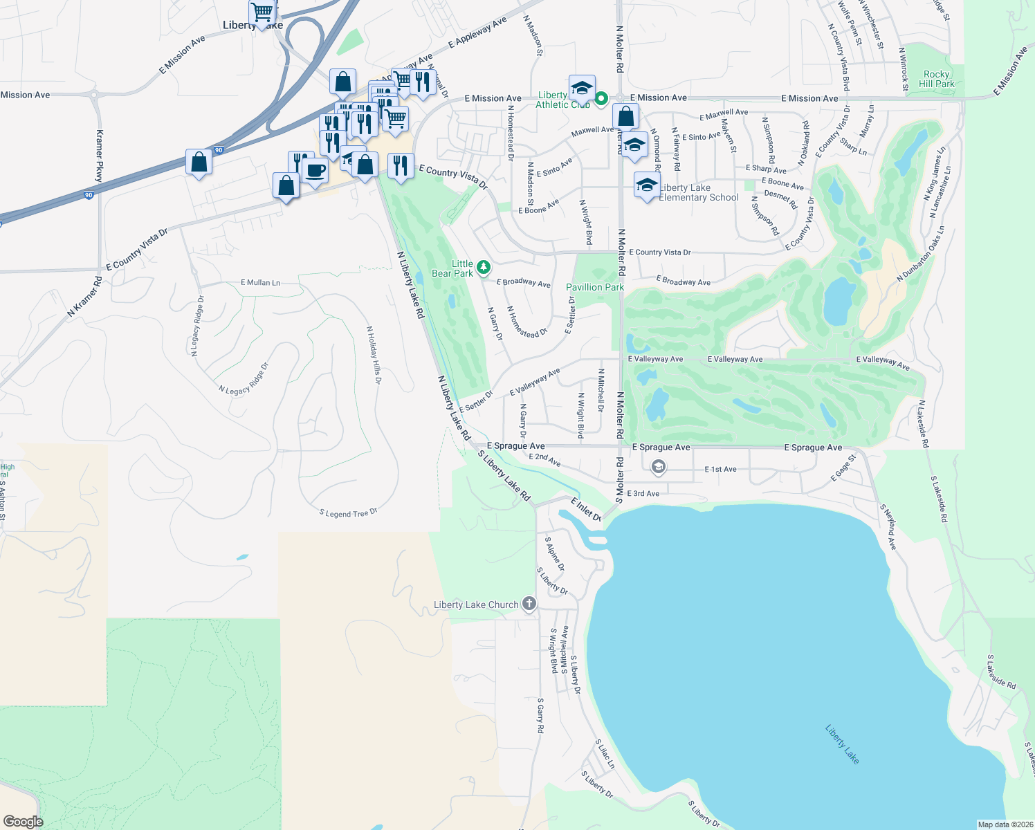 map of restaurants, bars, coffee shops, grocery stores, and more near 117 North Garry Drive in Liberty Lake
