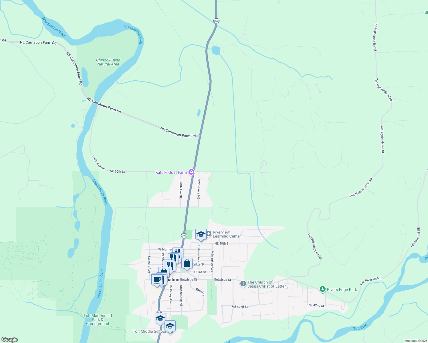 map of restaurants, bars, coffee shops, grocery stores, and more near Snoqualmie Valley Trail in Carnation