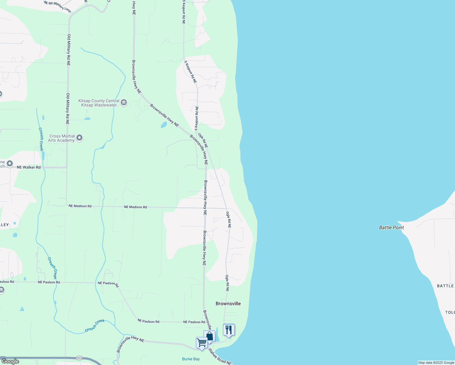 map of restaurants, bars, coffee shops, grocery stores, and more near 11448 Brian Lane Northeast in Poulsbo