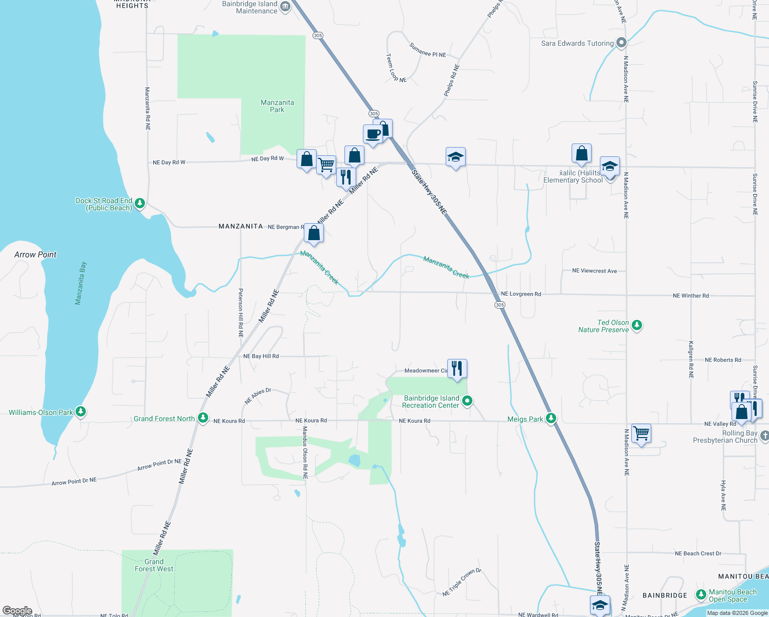 map of restaurants, bars, coffee shops, grocery stores, and more near 8051 NE Lovgreen Rd in Bainbridge Island