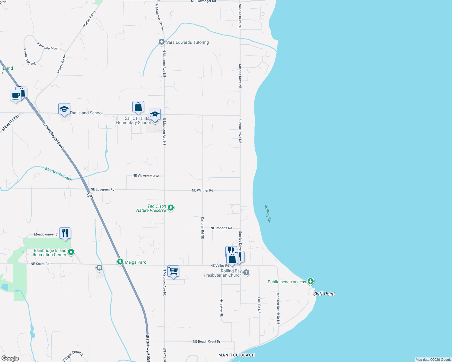 map of restaurants, bars, coffee shops, grocery stores, and more near 10371 Northeast Sasquatch Lane in Bainbridge Island
