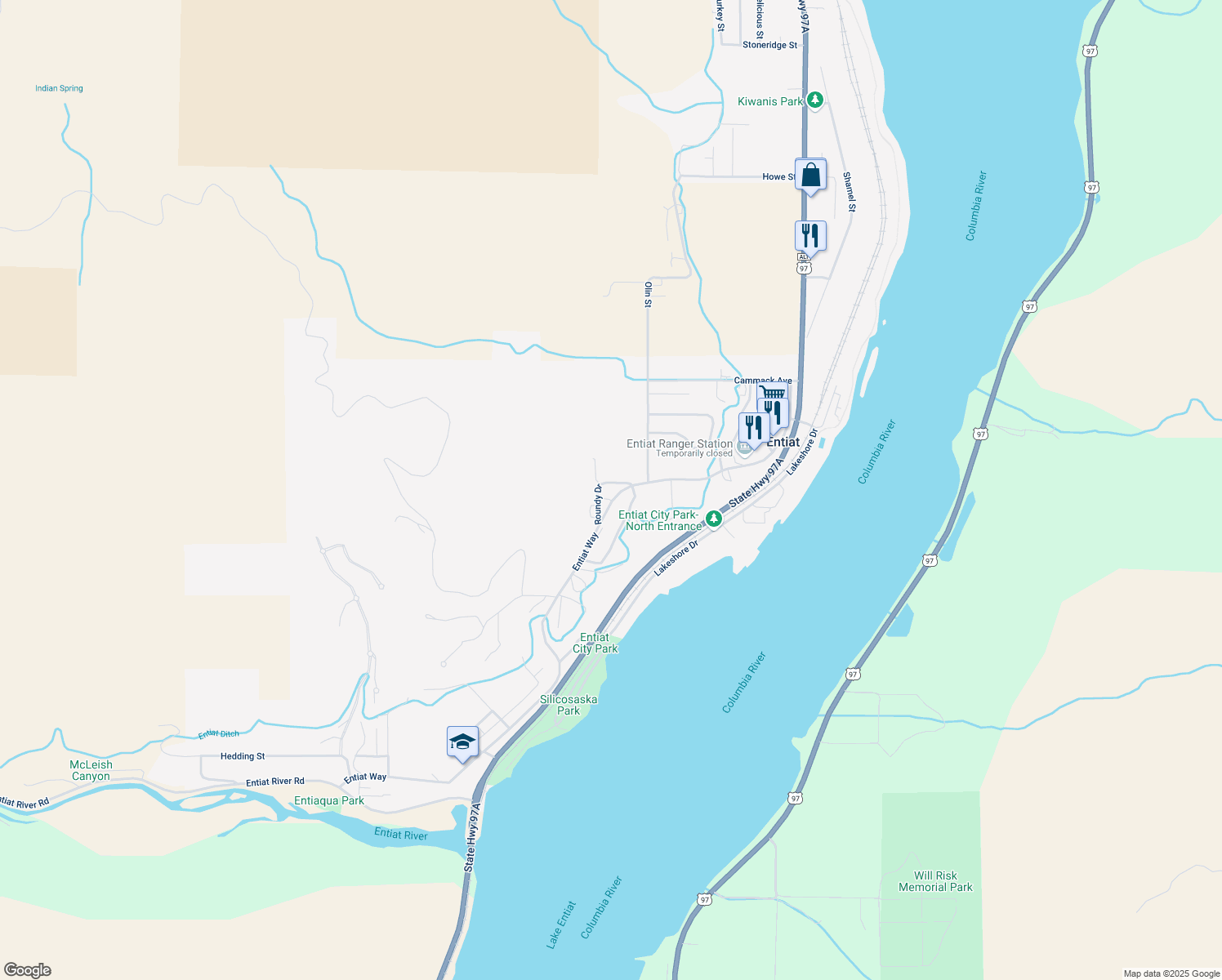 map of restaurants, bars, coffee shops, grocery stores, and more near 2322 Entiat Way in Entiat