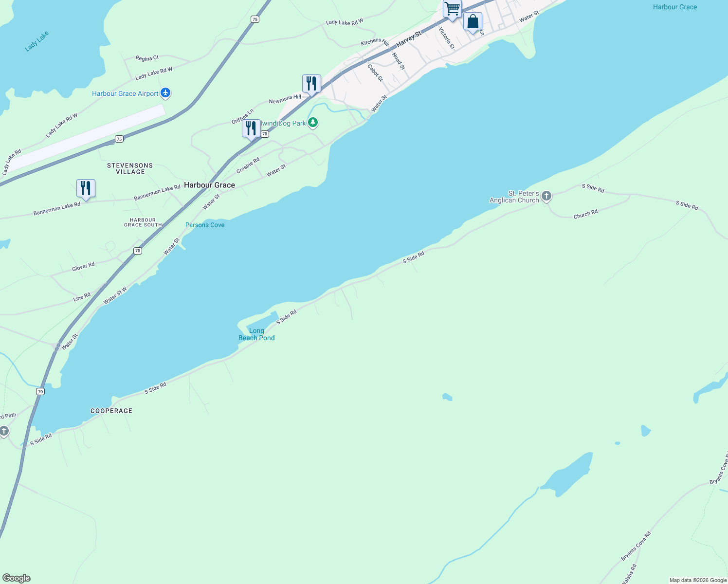 map of restaurants, bars, coffee shops, grocery stores, and more near 300 South Side Road in Harbour Grace