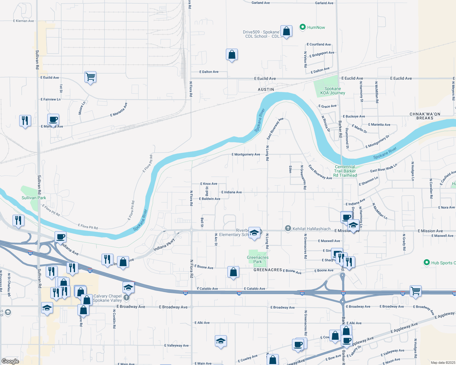 map of restaurants, bars, coffee shops, grocery stores, and more near 2104 North Tschirley Road in Spokane Valley