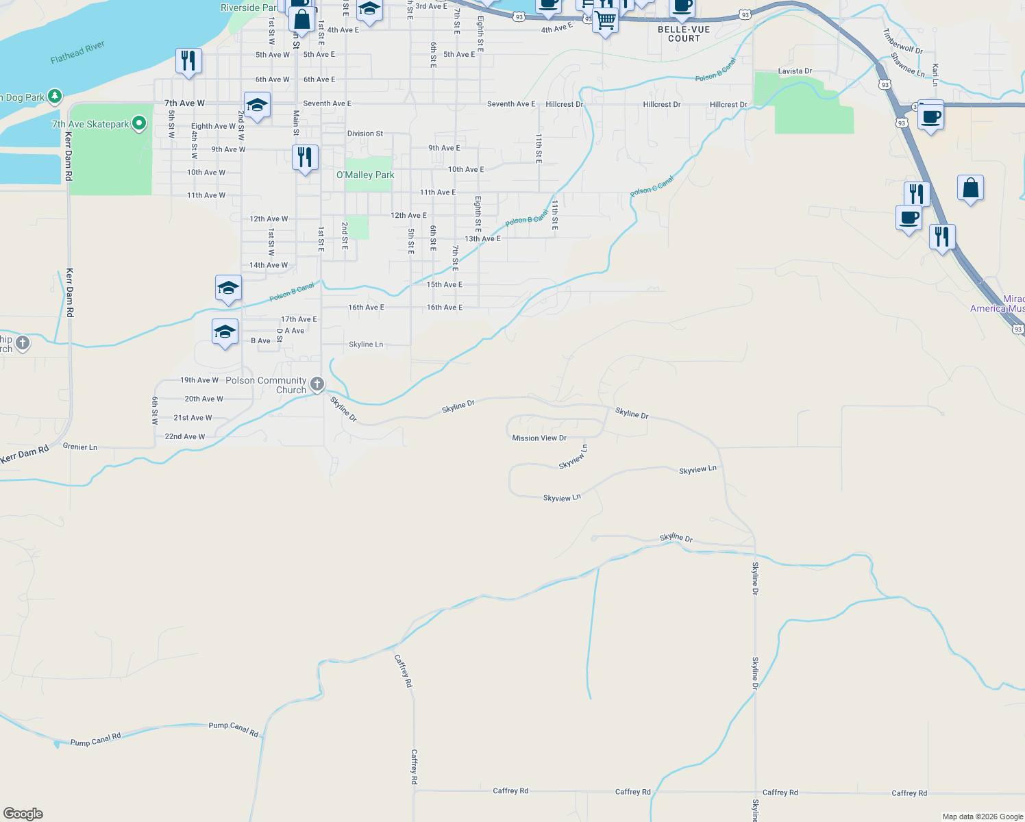 map of restaurants, bars, coffee shops, grocery stores, and more near 389 Mission View Dr in Polson