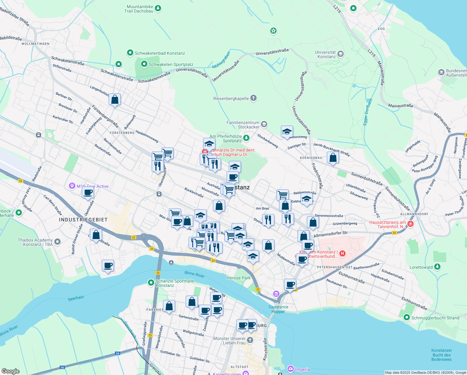 map of restaurants, bars, coffee shops, grocery stores, and more near in Konstanz