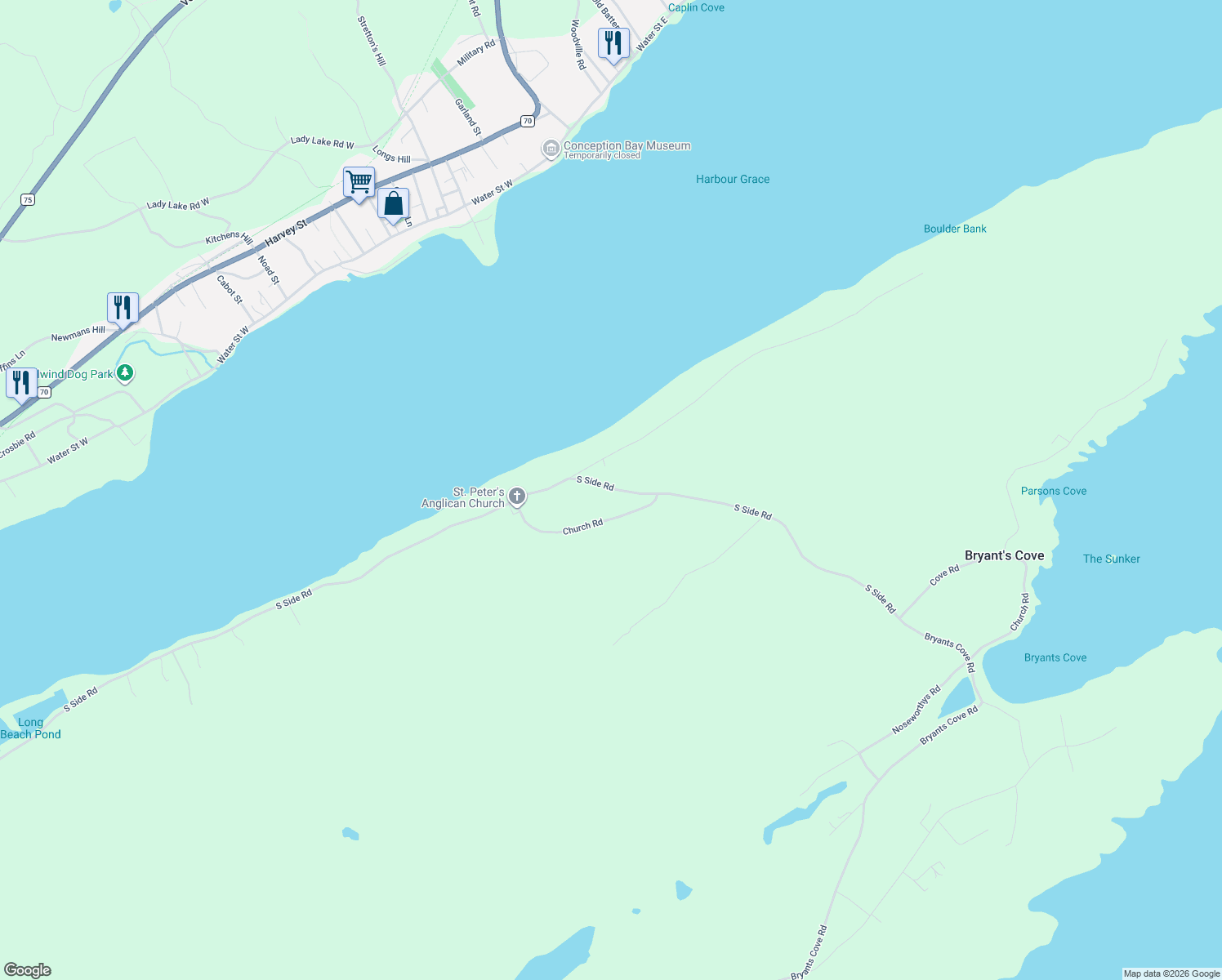 map of restaurants, bars, coffee shops, grocery stores, and more near 502 Feather Point Road in Harbour Grace