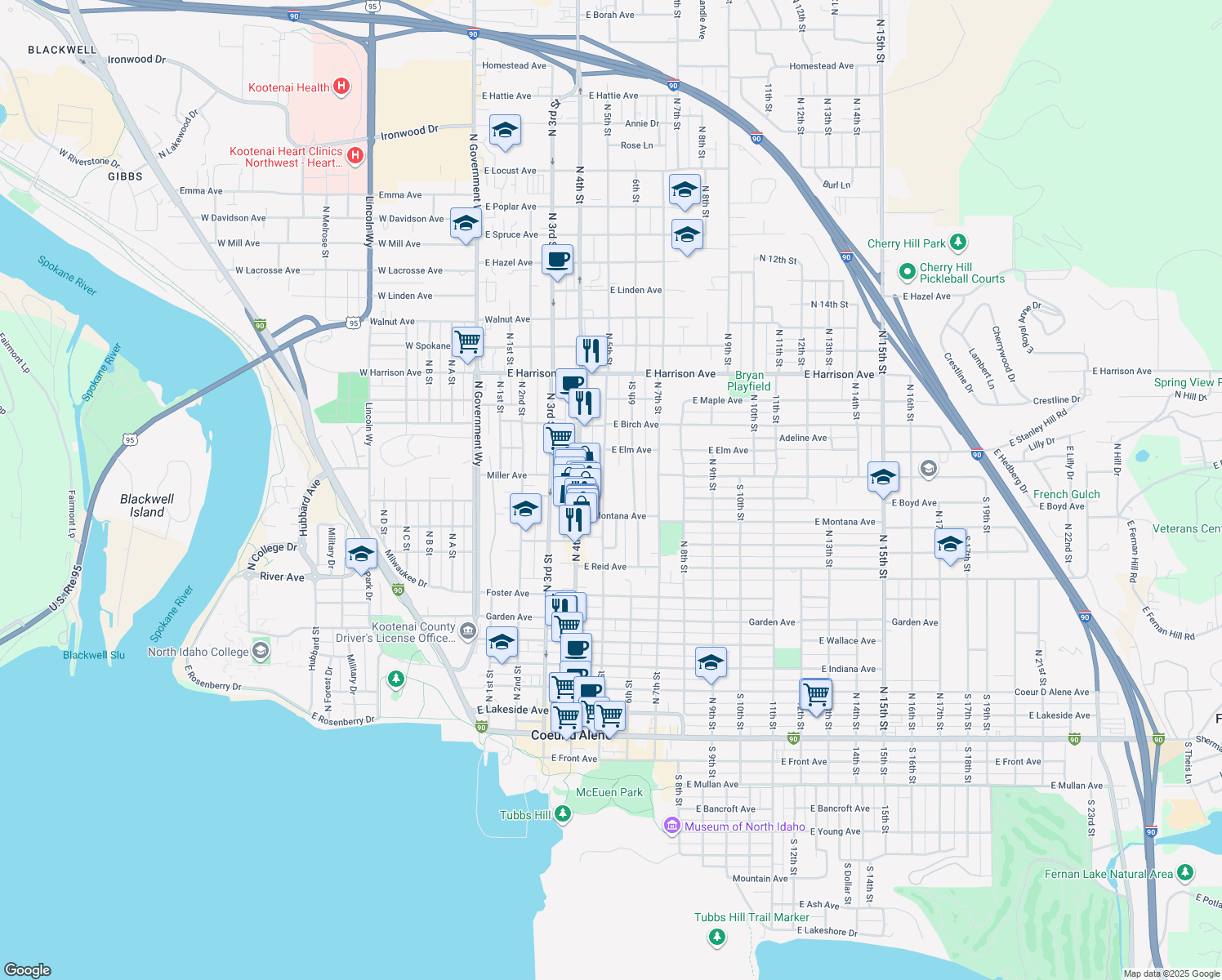 map of restaurants, bars, coffee shops, grocery stores, and more near 924 North 5th Street in Coeur d'Alene