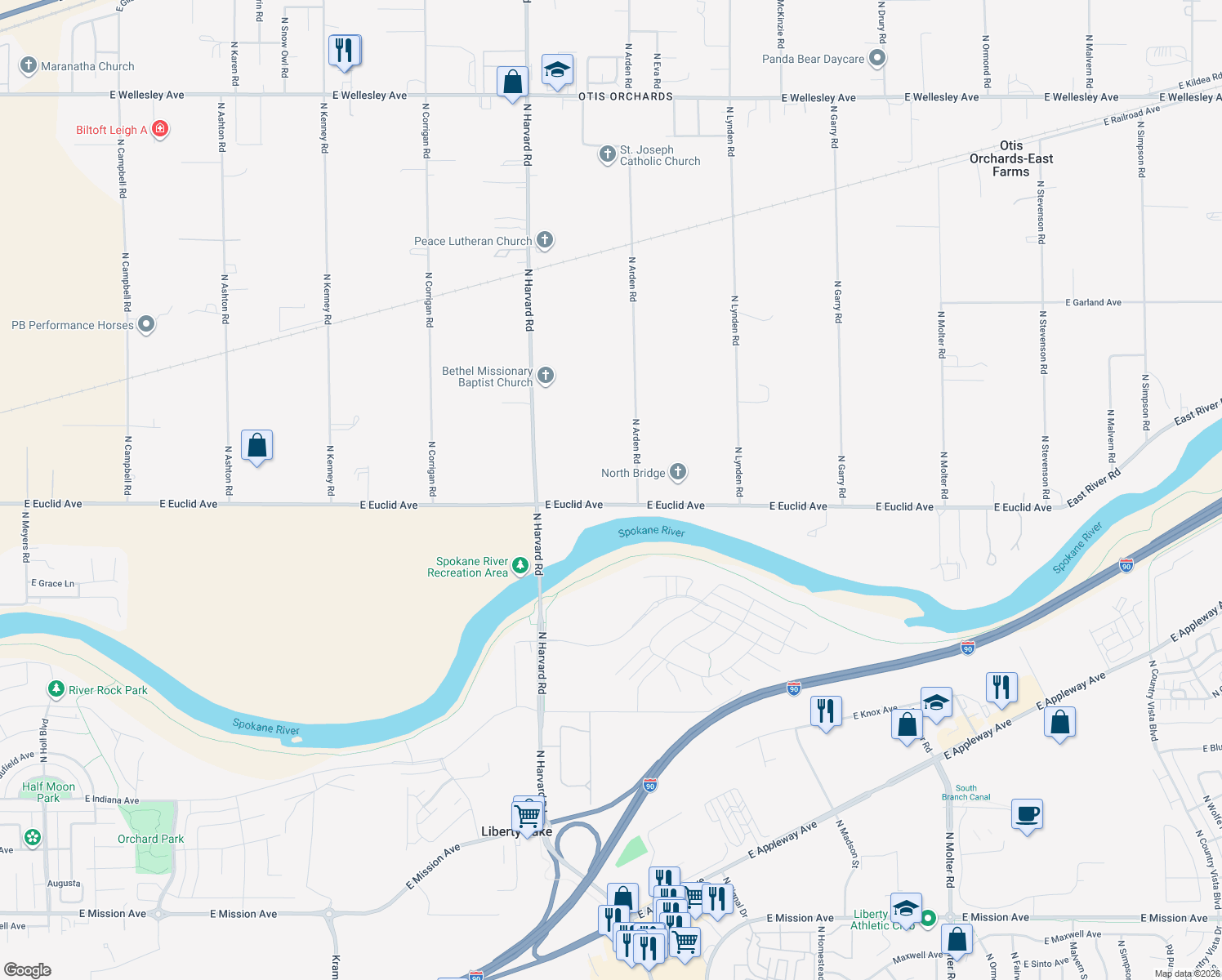 map of restaurants, bars, coffee shops, grocery stores, and more near 3201 N Arden Rd in Otis Orchards-East Farms